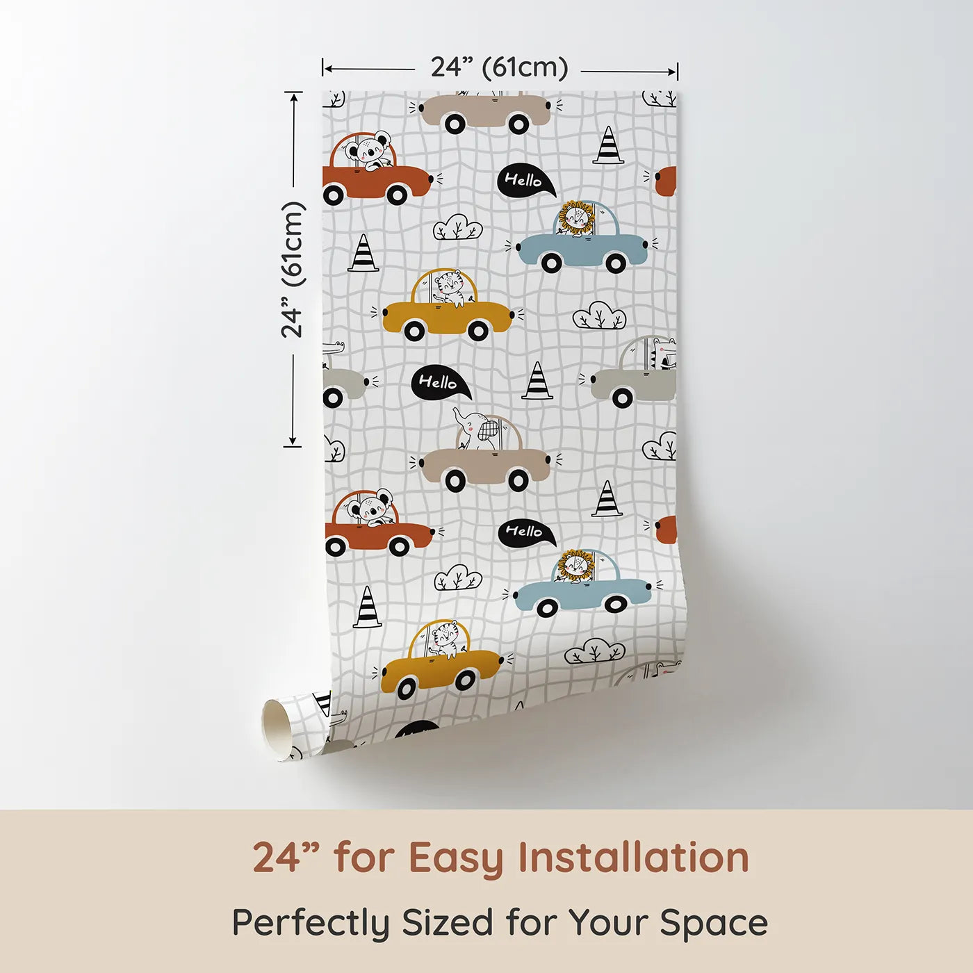 Dimension view of Whimsy Tots Animal Drivers Parade Wallpaper in White Grid (W3449A). Printed in 24-inch-wide panel for easy installation. Cheerful animals cruise across a white grid road of fun.