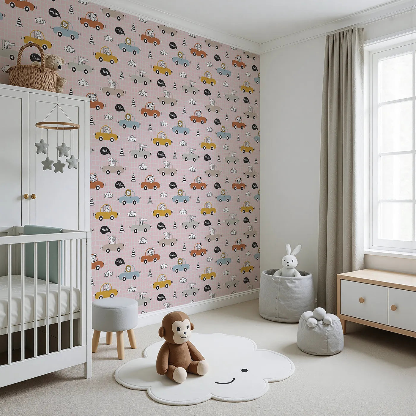 Angled view of Whimsy Tots' Animal Drivers Parade Wallpaper in Pink Grid (W3449B).Friendly creatures cruise through a playful pink city grid.