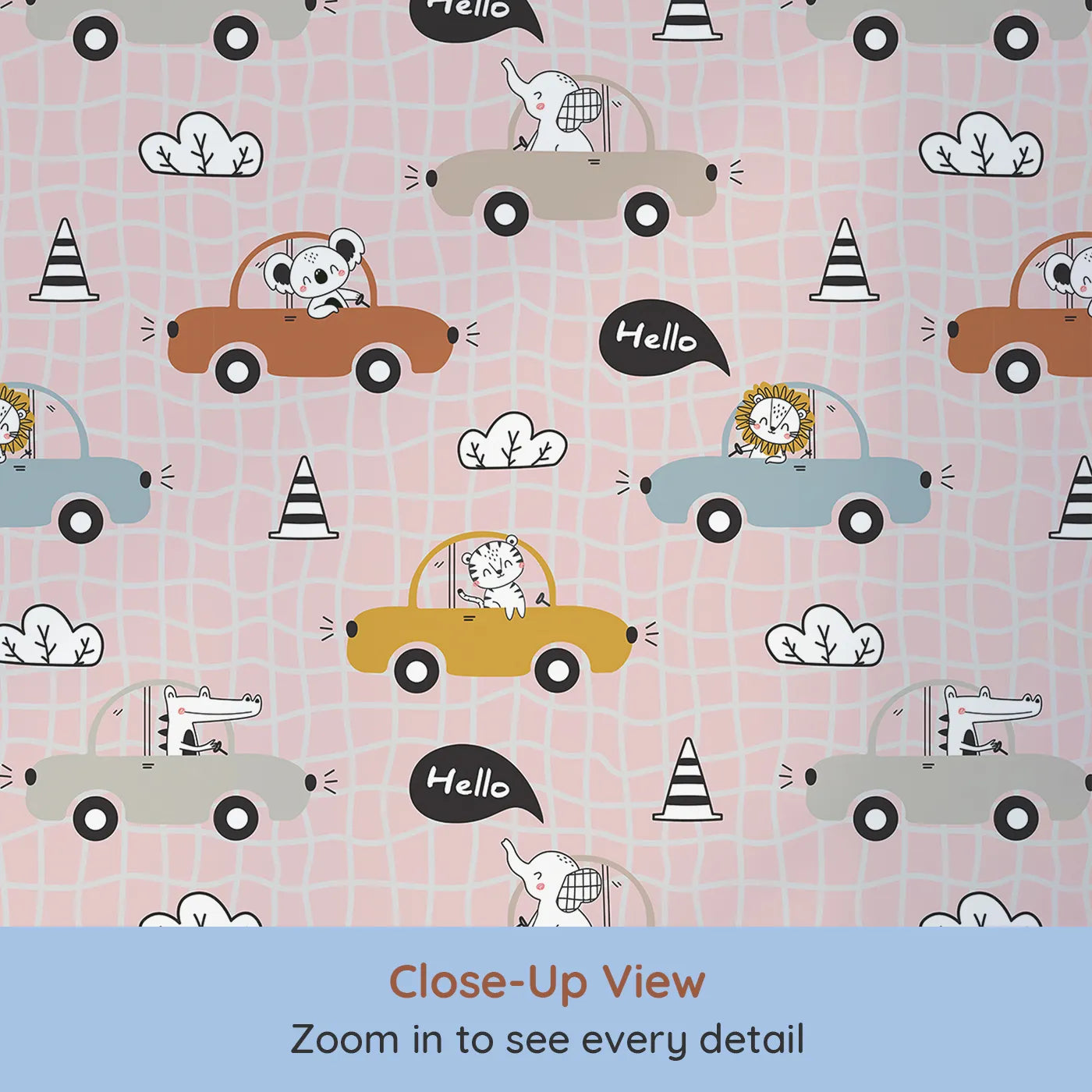 Close-up view of Whimsy Tots' Animal Drivers Parade Wallpaper in Pink Grid (W3449B).Friendly creatures cruise through a playful pink city grid.