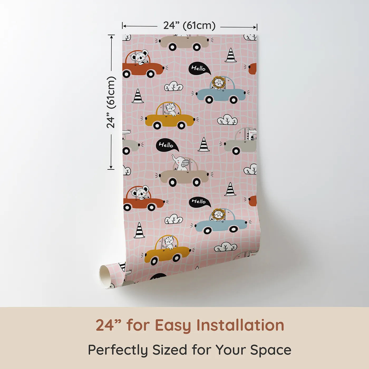 Dimension view of Whimsy Tots Animal Drivers Parade Wallpaper in Pink Grid (W3449B). Printed in 24-inch-wide panel for easy installation. Friendly creatures cruise through a playful pink city grid.
