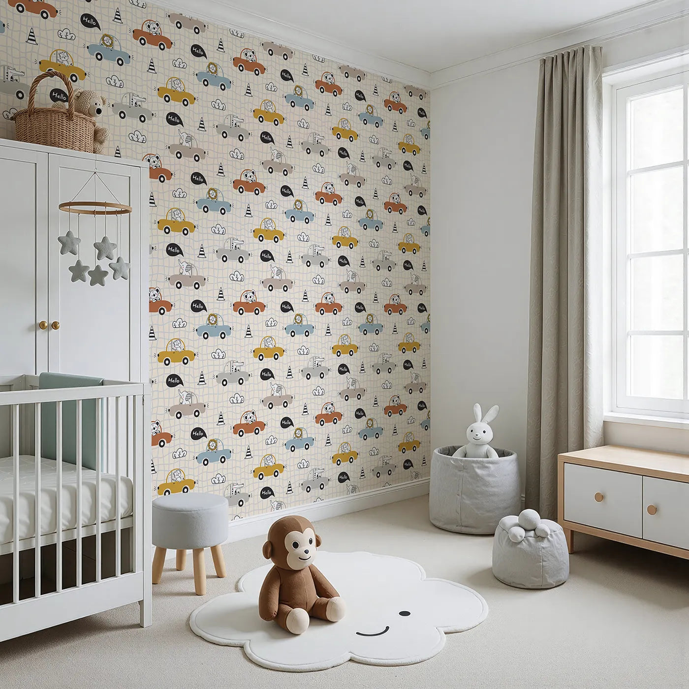 Angled view of Whimsy Tots' Animal Drivers Parade Wallpaper in Beige Grid (W3449C).Smiling animals steer their way across a soft beige city road.