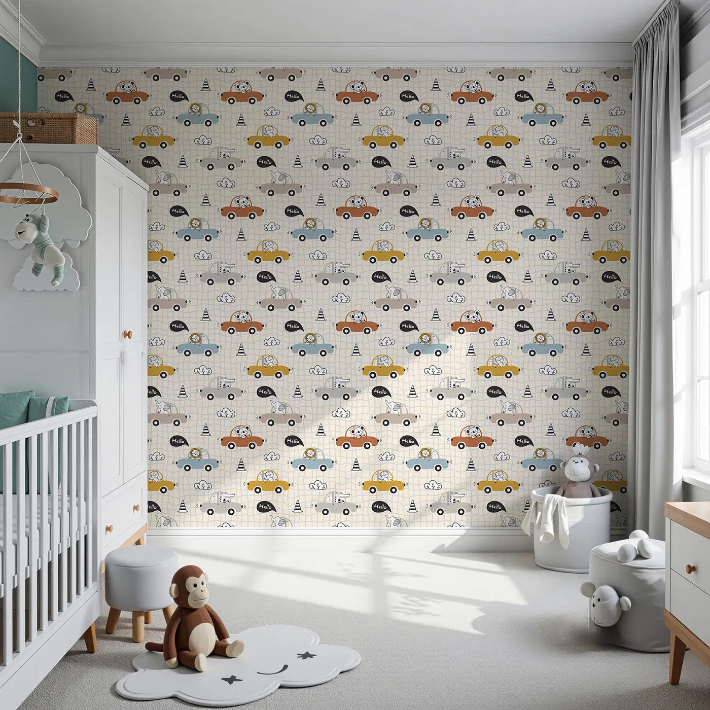 Front view of Whimsy Tots' Animal Drivers Parade Wallpaper in Beige Grid