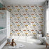 Front view of Whimsy Tots' Animal Drivers Parade Wallpaper in Beige Grid
