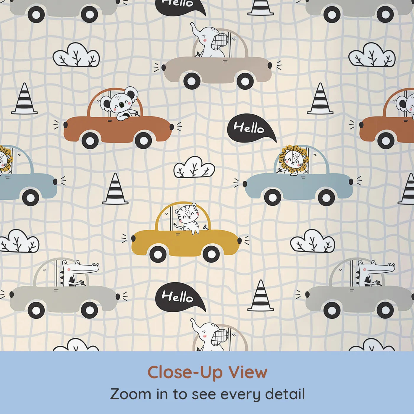 Close-up view of Whimsy Tots' Animal Drivers Parade Wallpaper in Beige Grid (W3449C).Smiling animals steer their way across a soft beige city road.
