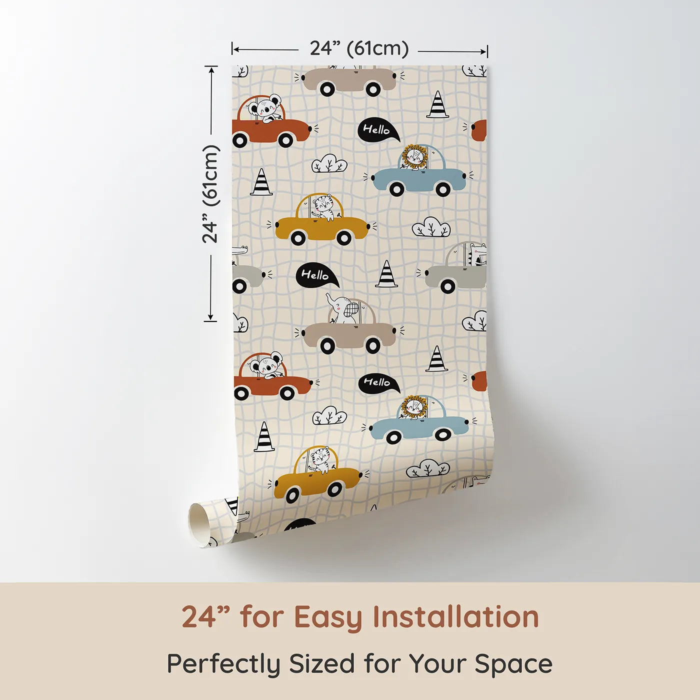 Dimension view of Whimsy Tots Animal Drivers Parade Wallpaper in Beige Grid (W3449C). Printed in 24-inch-wide panel for easy installation. Smiling animals steer their way across a soft beige city road.