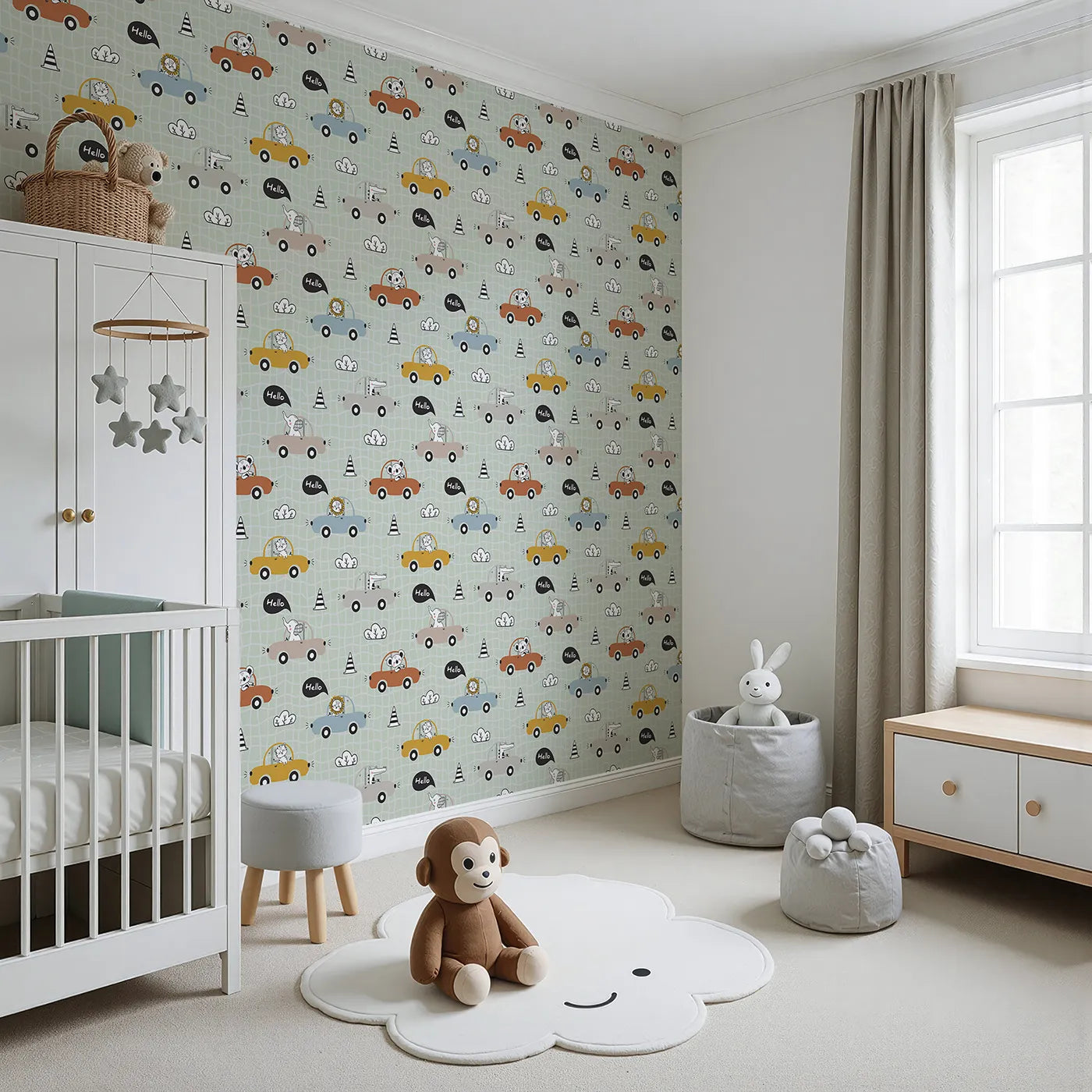 Angled view of Whimsy Tots' Animal Drivers Parade Wallpaper in Green Grid (W3449D).Happy animals ride through a leafy green grid of adventure.