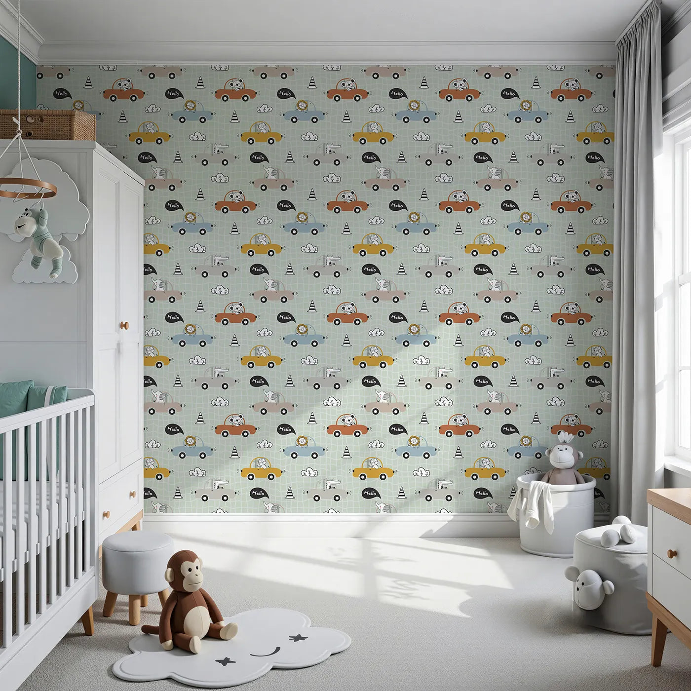 Front view of Whimsy Tots' Animal Drivers Parade Wallpaper in Green Grid