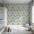 Front view of Whimsy Tots' Animal Drivers Parade Wallpaper in Green Grid