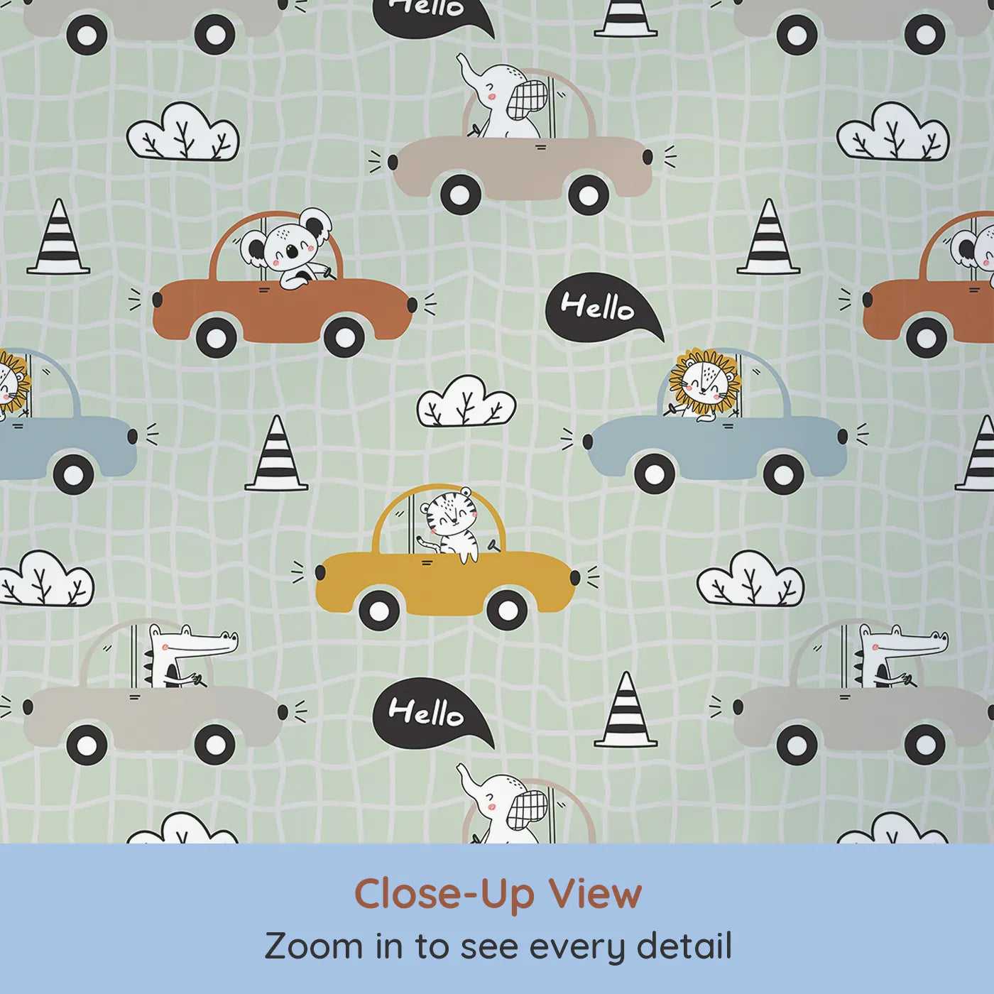 Close-up view of Whimsy Tots' Animal Drivers Parade Wallpaper in Green Grid (W3449D).Happy animals ride through a leafy green grid of adventure.