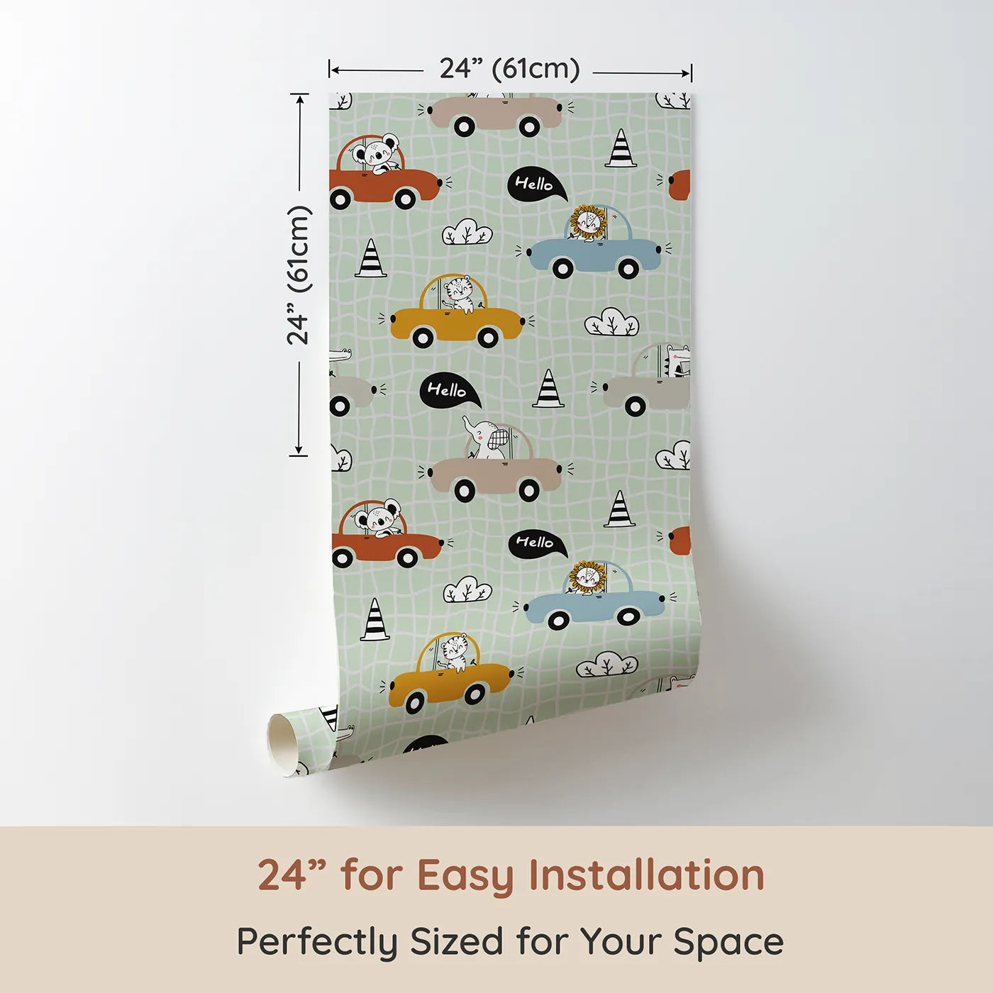 Dimension view of Whimsy Tots Animal Drivers Parade Wallpaper in Green Grid (W3449D). Printed in 24-inch-wide panel for easy installation. Happy animals ride through a leafy green grid of adventure.
