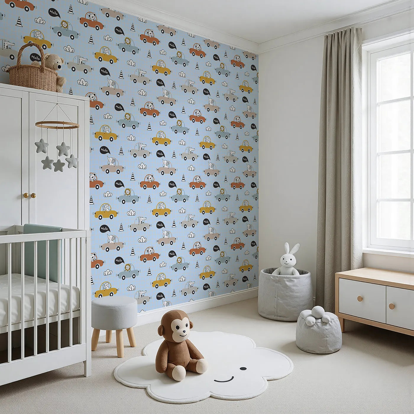 Angled view of Whimsy Tots' Animal Drivers Parade Wallpaper in Blue Grid (W3449E).Lions, koalas, and elephants take the wheel across a sky-blue street scene.