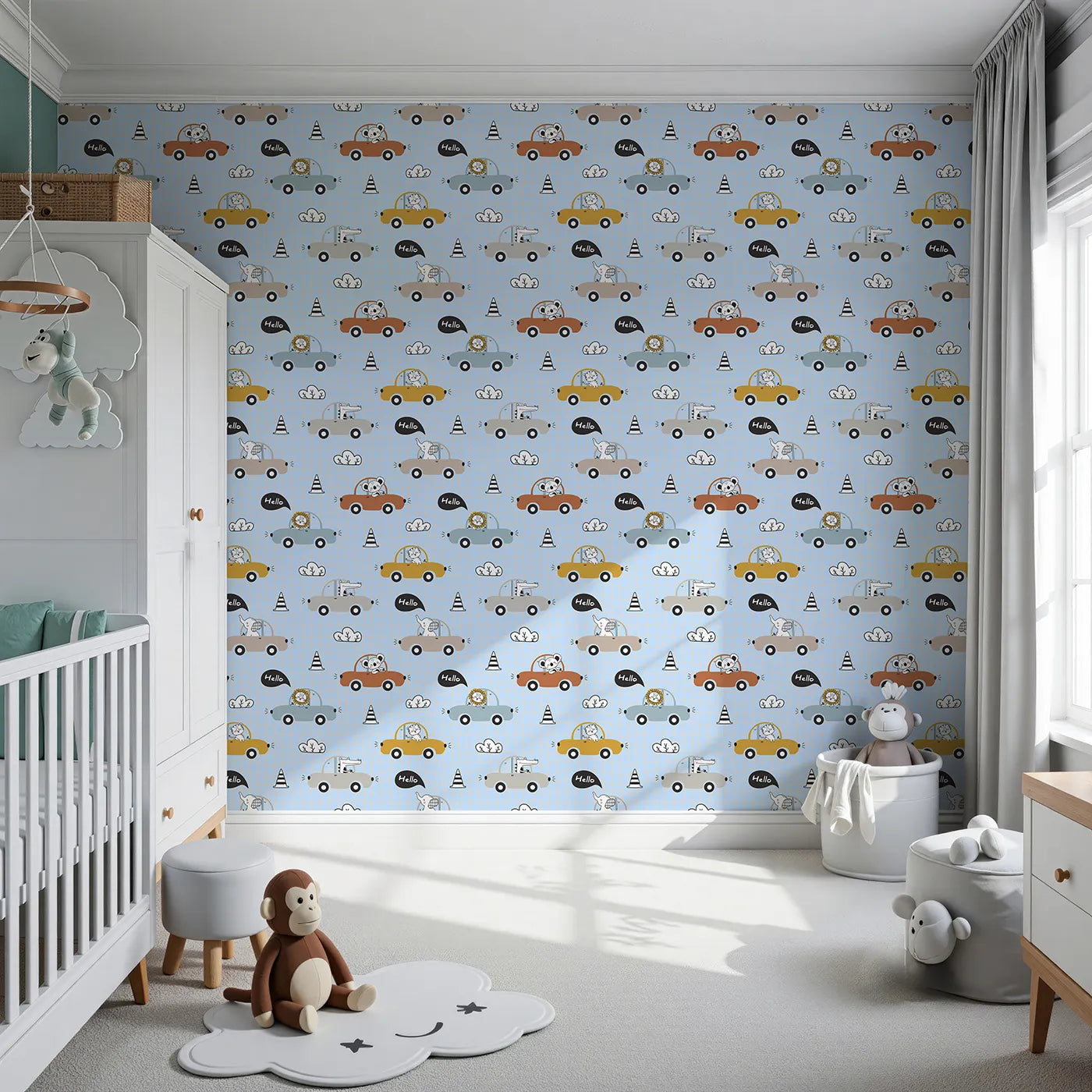 Front view of Whimsy Tots' Animal Drivers Parade Wallpaper in Blue Grid