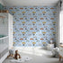 Front view of Whimsy Tots' Animal Drivers Parade Wallpaper in Blue Grid
