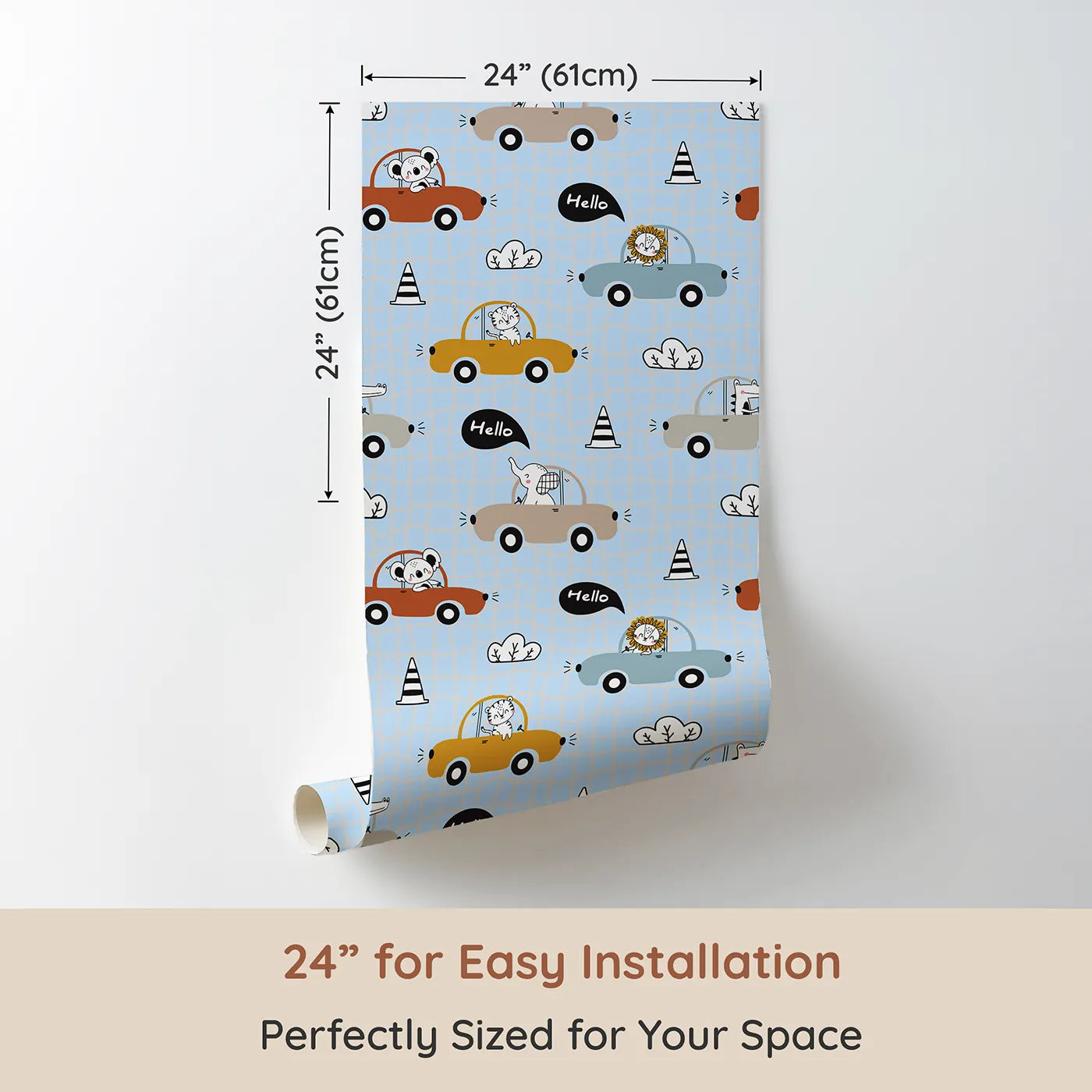 Dimension view of Whimsy Tots Animal Drivers Parade Wallpaper in Blue Grid (W3449E). Printed in 24-inch-wide panel for easy installation. Lions, koalas, and elephants take the wheel across a sky-blue street scene.
