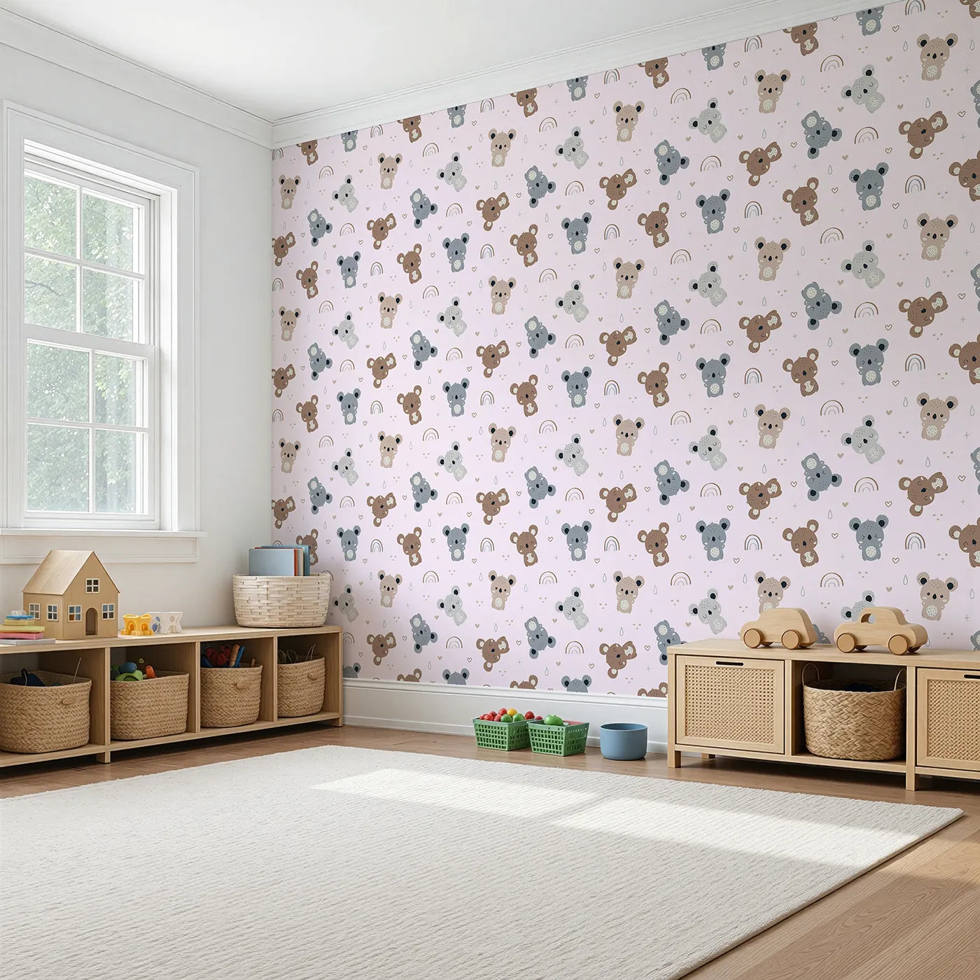 Angled view of Whimsy Tots' Koala Cuddle Parade Wallpaper in Pink (W3450B).Soft koalas drift among pink skies, hearts, and rainbows.