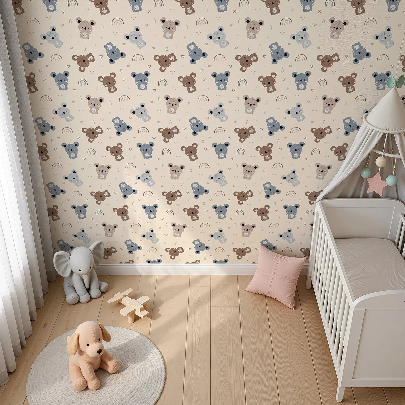 Top-Down view of Whimsy Tots' Koala Cuddle Parade Wallpaper in Beige (W3450C).Gentle koalas play across a warm beige sky full of soft hearts and rainbows.