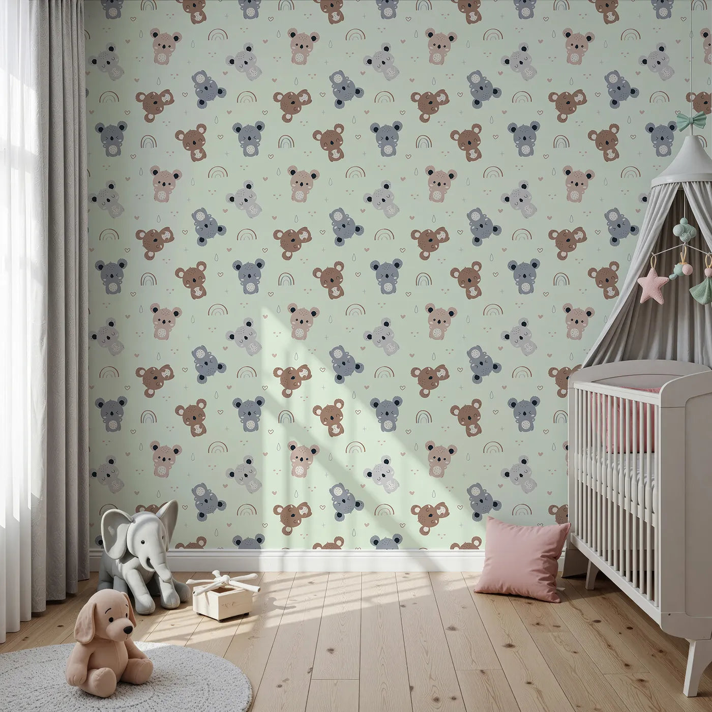 Front view of Whimsy Tots' Koala Cuddle Parade Wallpaper in Mint Green