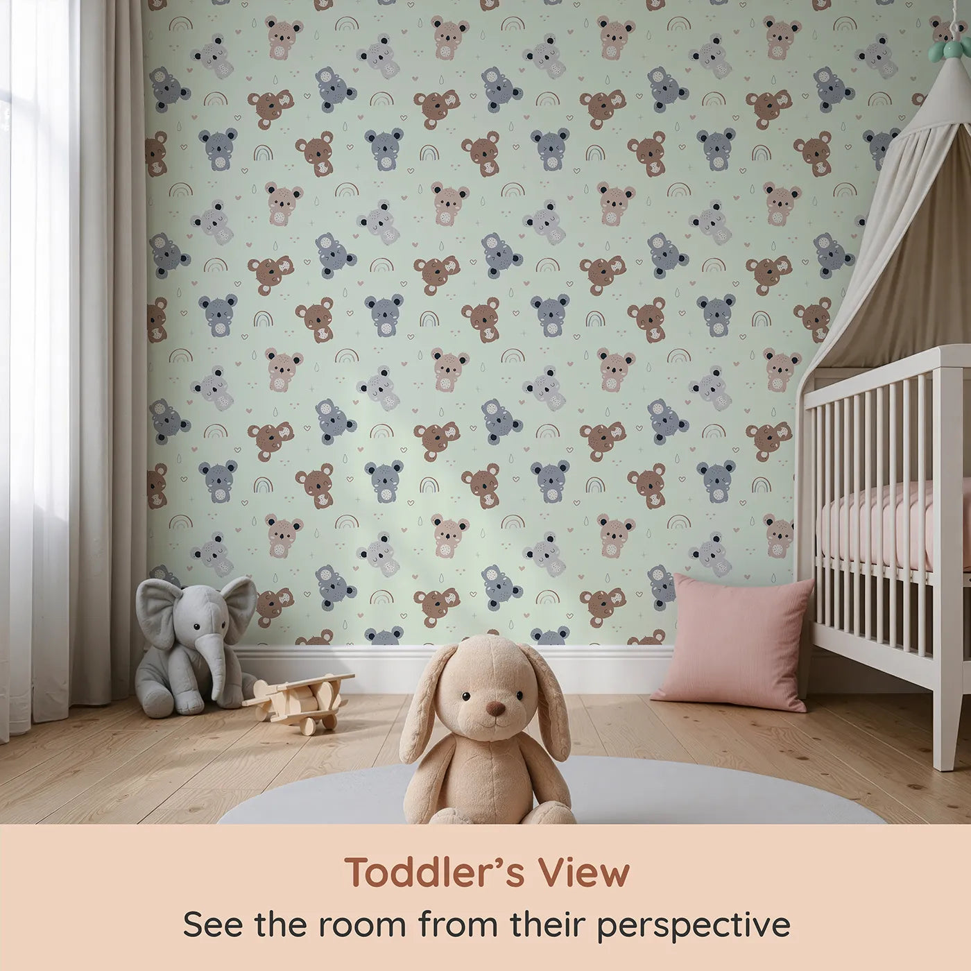 Whimsy Tots Koala Cuddle Parade Wallpaper in Mint Green (W3450D) from your child's view.Soft koalas drift through a pastel mint sky filled with rainbows and hearts.