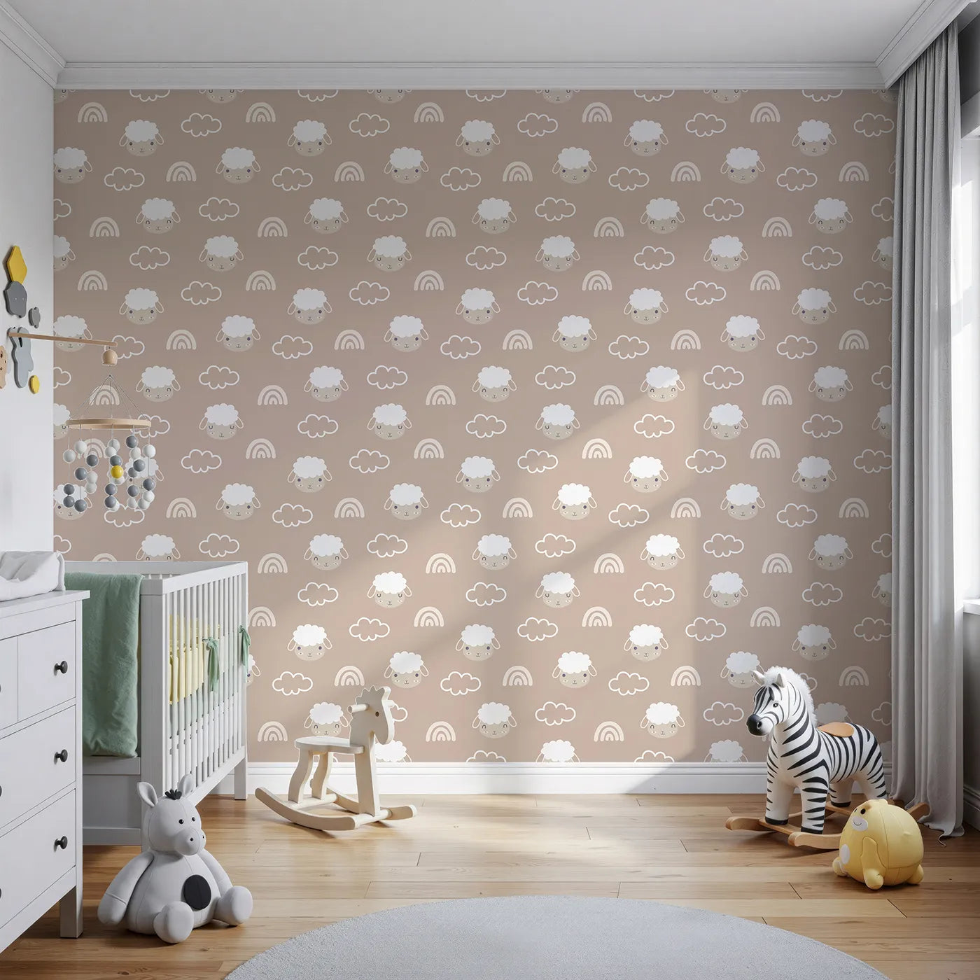 Front view of Whimsy Tots' Sleepy Lamb Skies Wallpaper in Taupe Beige