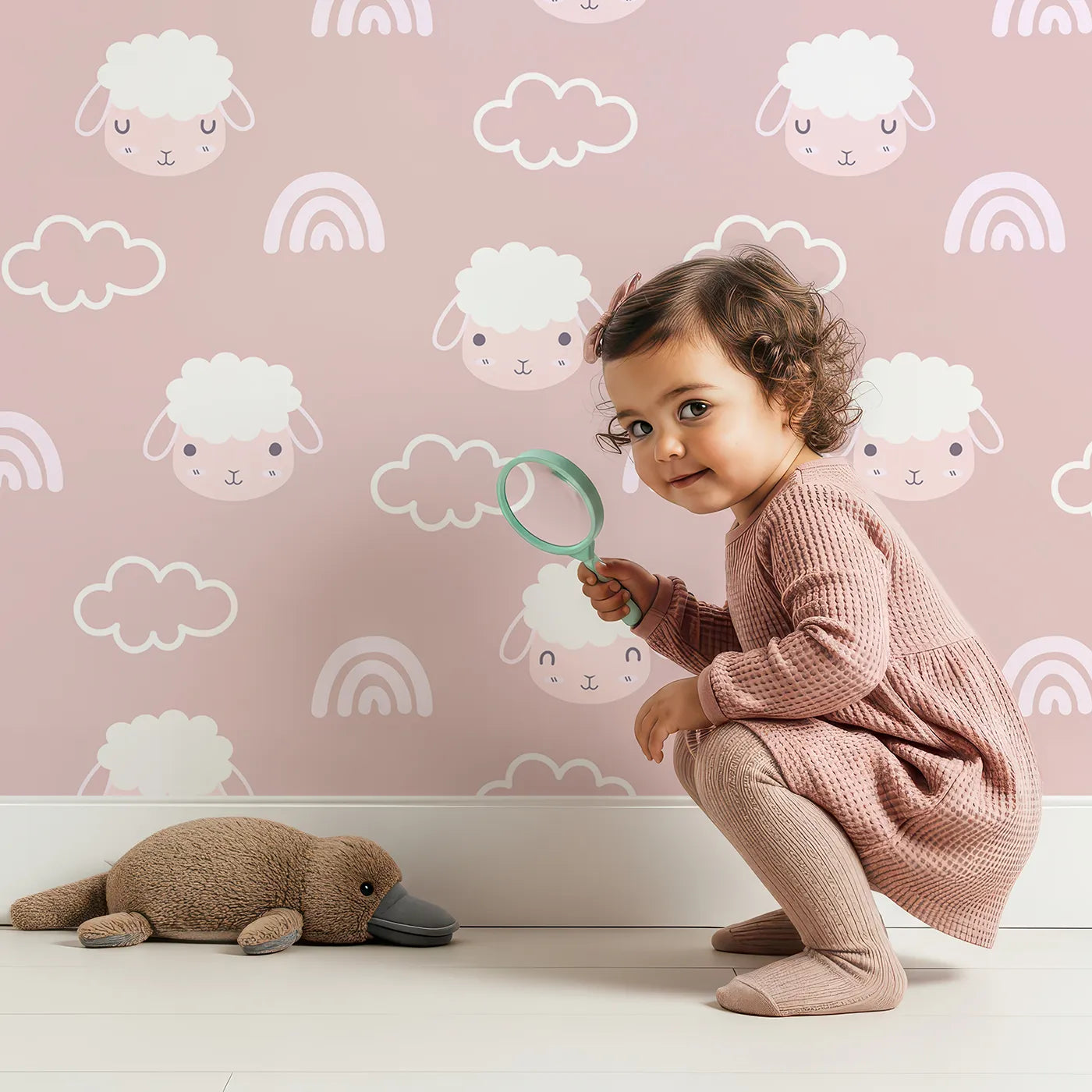 Lovely child standing in front of Whimsy Tots Sleepy Lamb Skies Wallpaper in Rose Pink with sheep, cloud, rainbow in design.