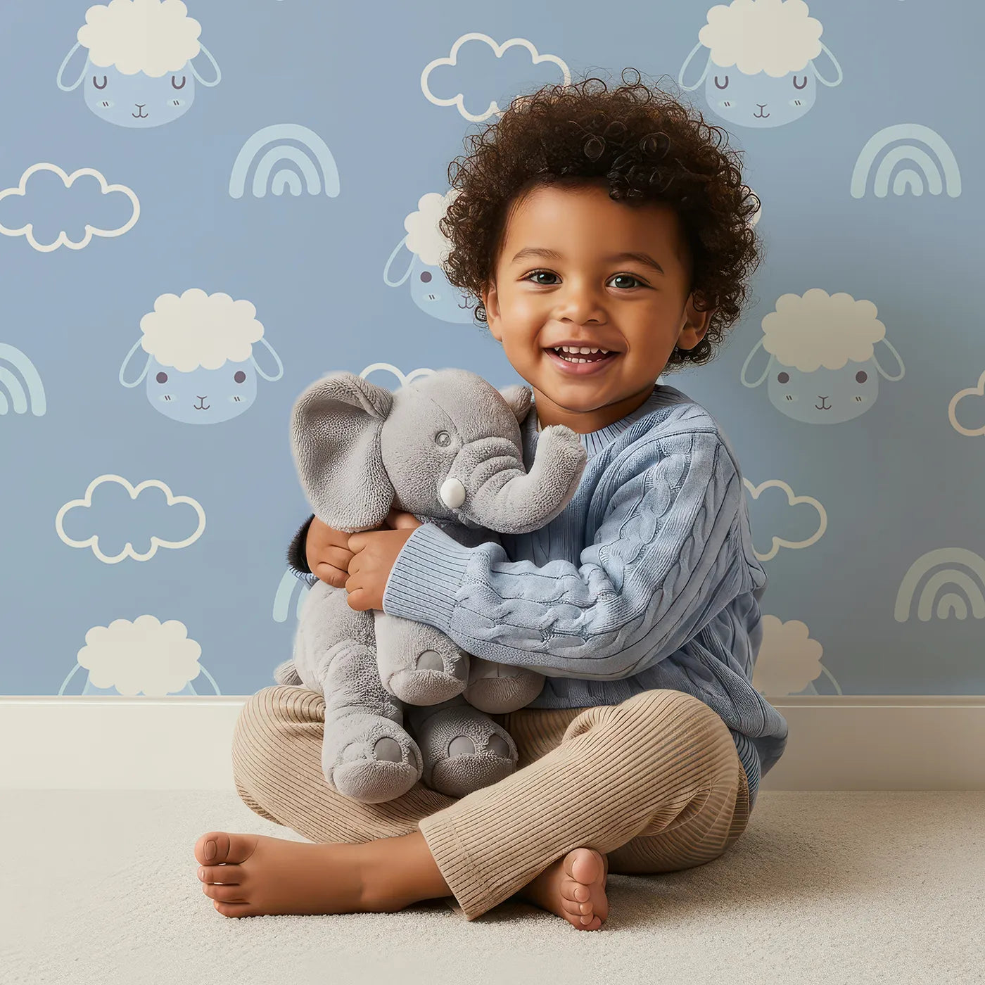 Lovely child standing in front of Whimsy Tots Sleepy Lamb Skies Wallpaper in Sky Blue with sheep, cloud, rainbow in design.