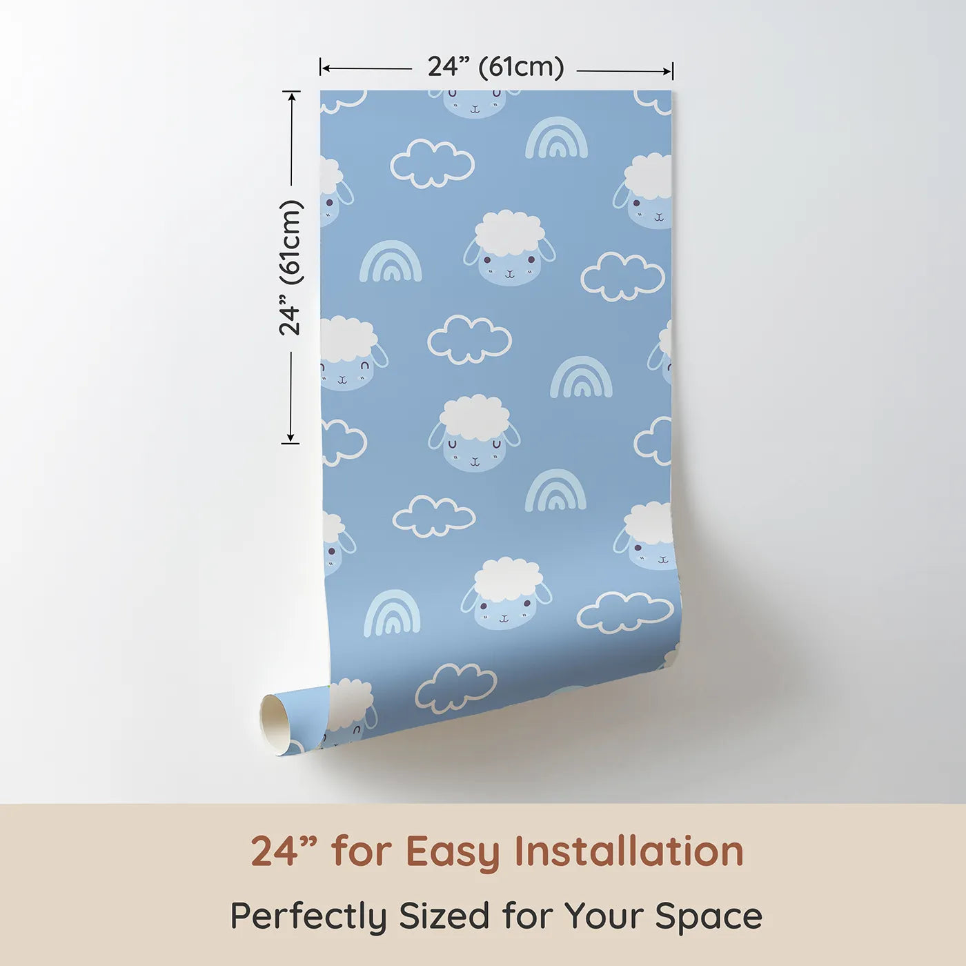 Dimension view of Whimsy Tots Sleepy Lamb Skies Wallpaper in Sky Blue (W3452C). Printed in 24-inch-wide panel for easy installation. Fluffy lambs, clouds, and rainbows drift across a peaceful sky blue backdrop.
