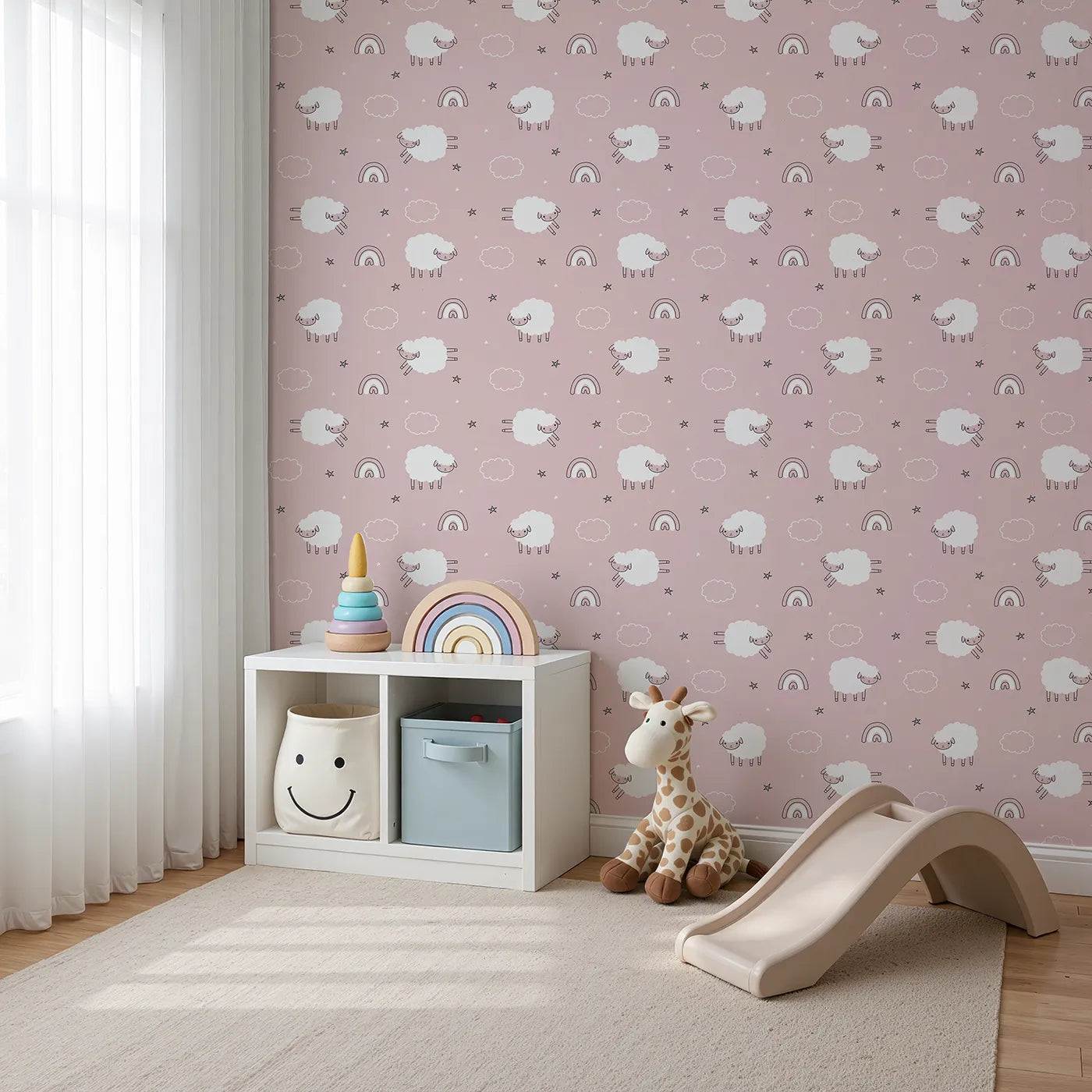 Angled view of Whimsy Tots' Sleepy Meadow Parade Wallpaper in Rose Blush Pink (W3453B).Cuddly sheep float among clouds, rainbows, and stars on a dreamy rose background.