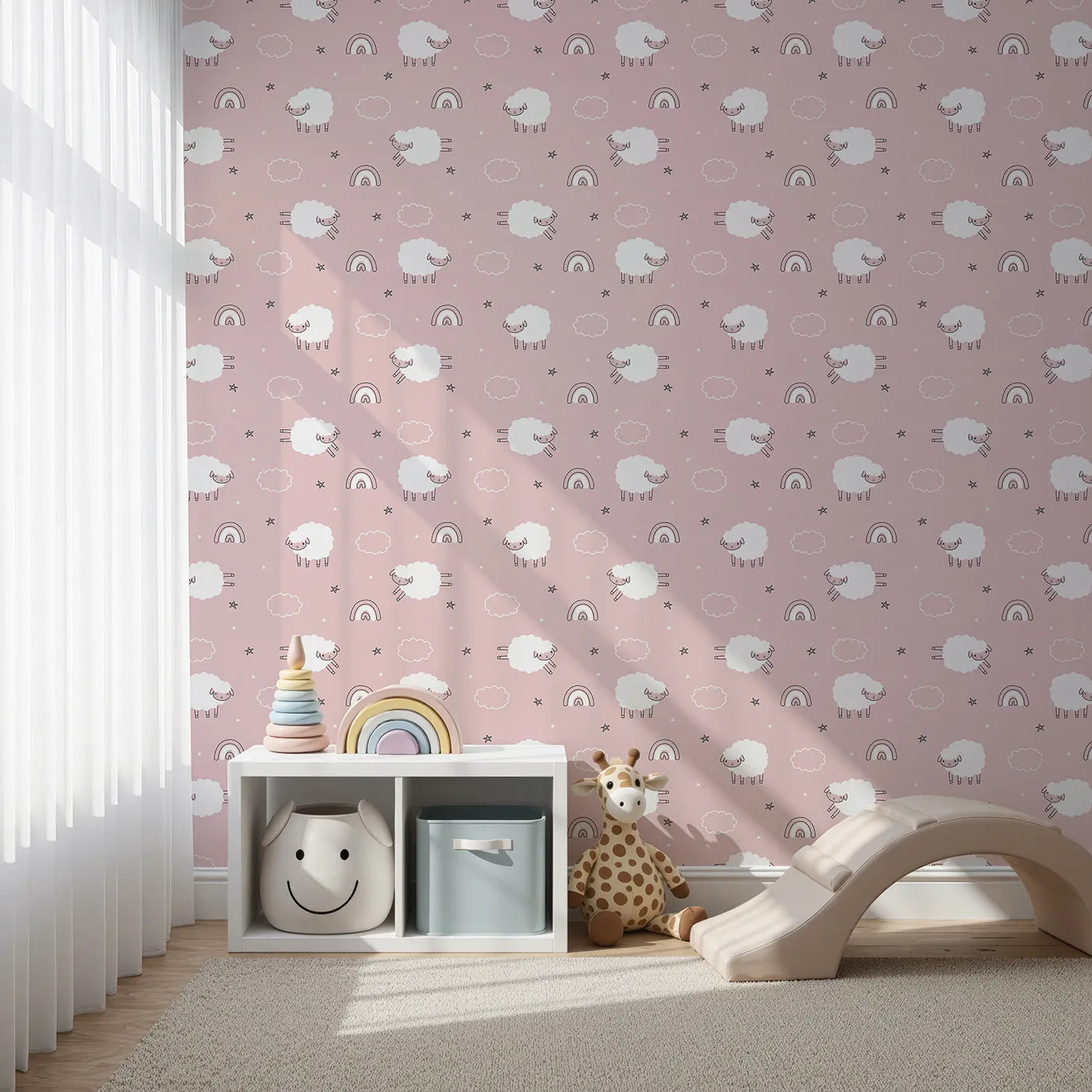 Front view of Whimsy Tots' Sleepy Meadow Parade Wallpaper in Rose Blush Pink