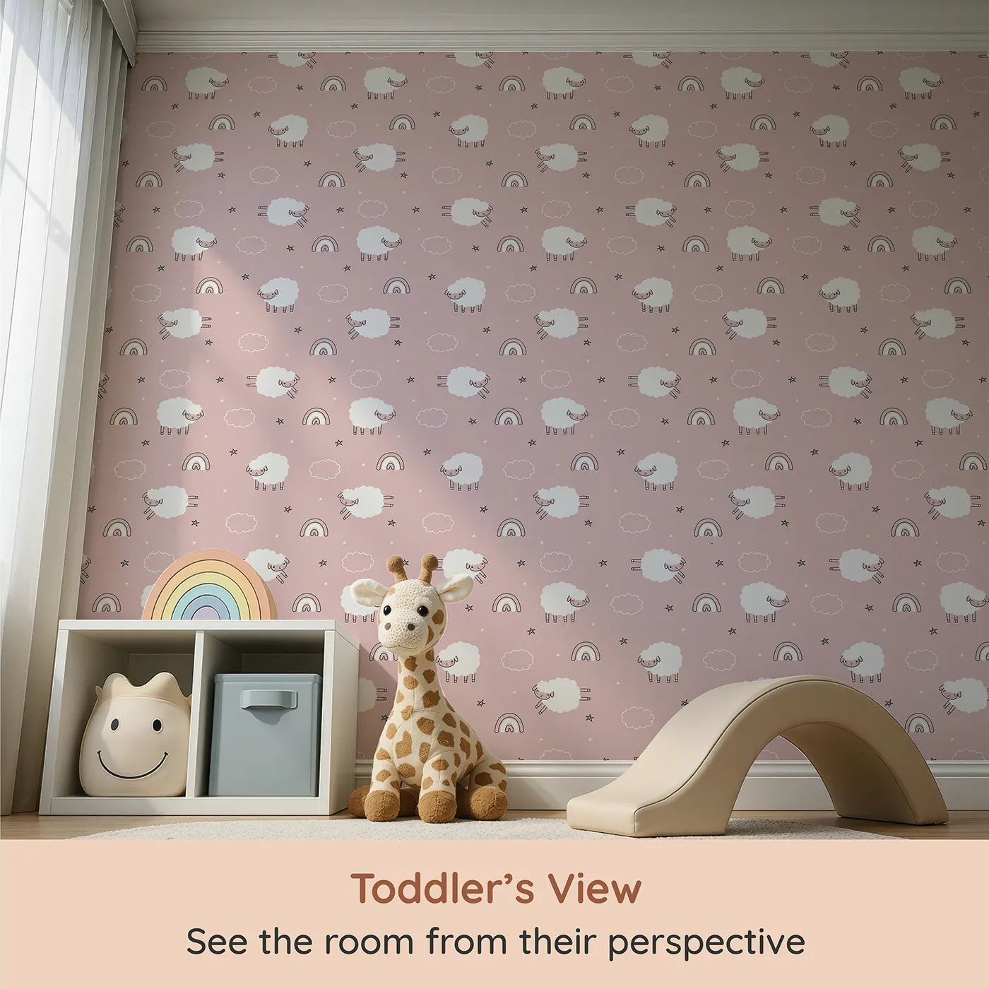 Whimsy Tots Sleepy Meadow Parade Wallpaper in Rose Blush Pink (W3453B) from your child's view.Cuddly sheep float among clouds, rainbows, and stars on a dreamy rose background.