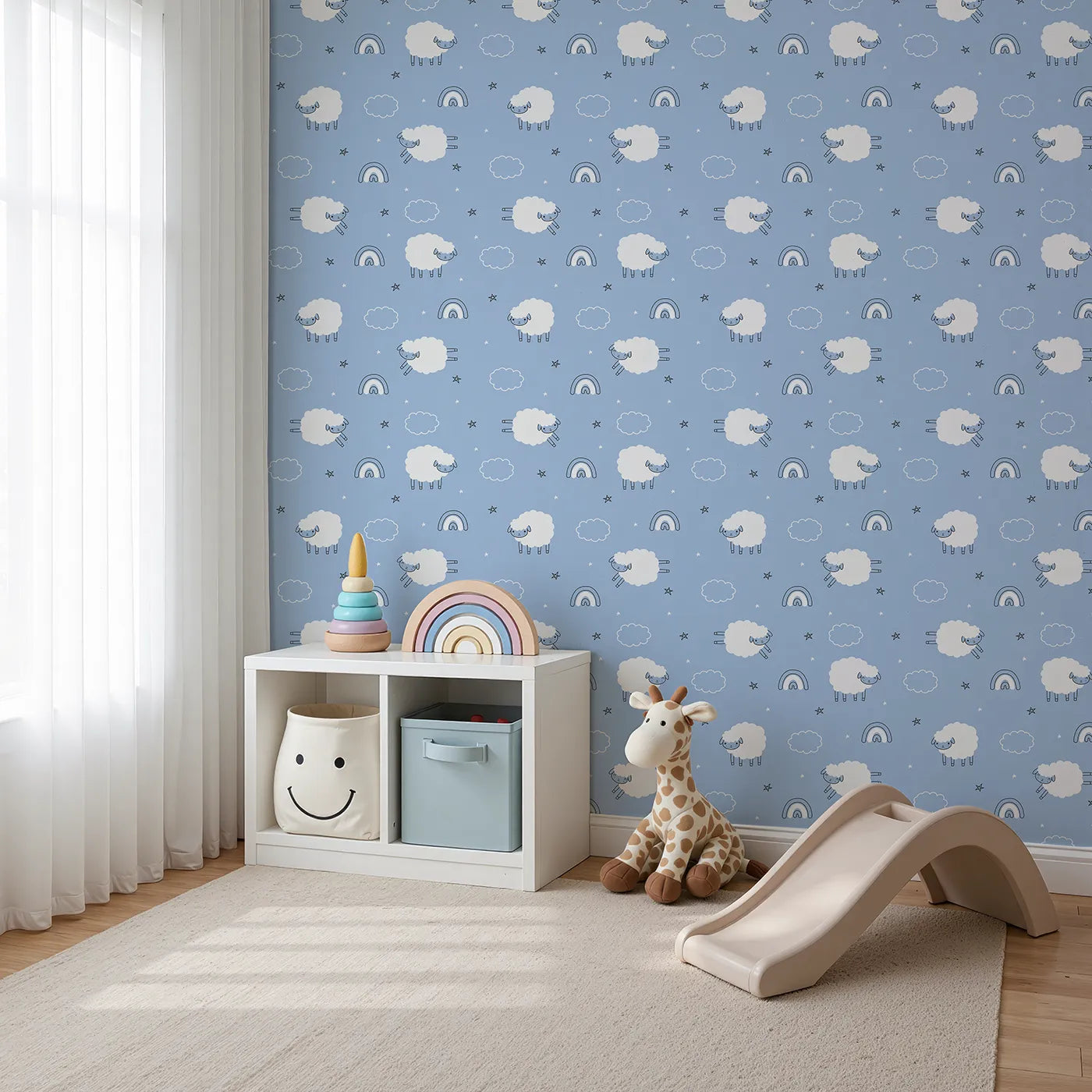 Angled view of Whimsy Tots' Sleepy Meadow Parade Wallpaper in Sky Blue (W3453C).Bouncy lambs, fluffy clouds, and stars float across a calm blue sky.
