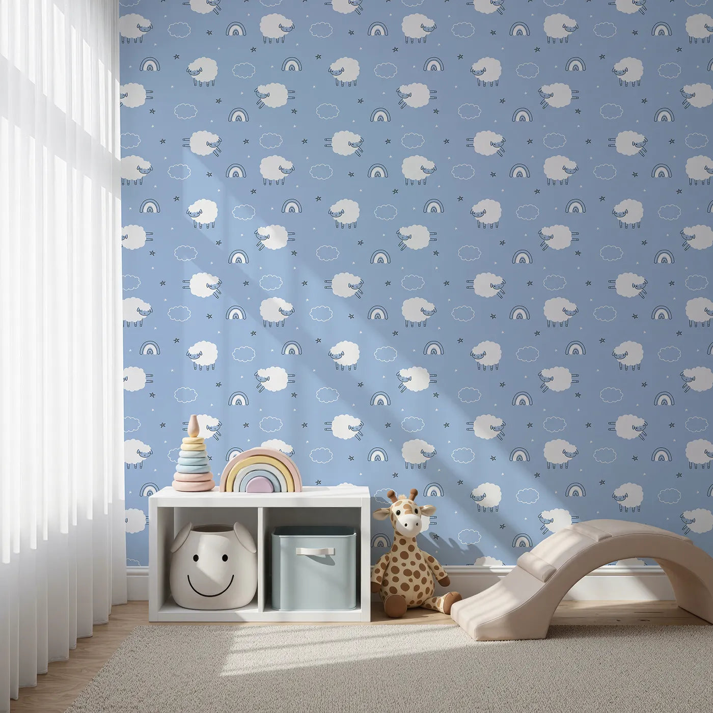 Front view of Whimsy Tots' Sleepy Meadow Parade Wallpaper in Sky Blue