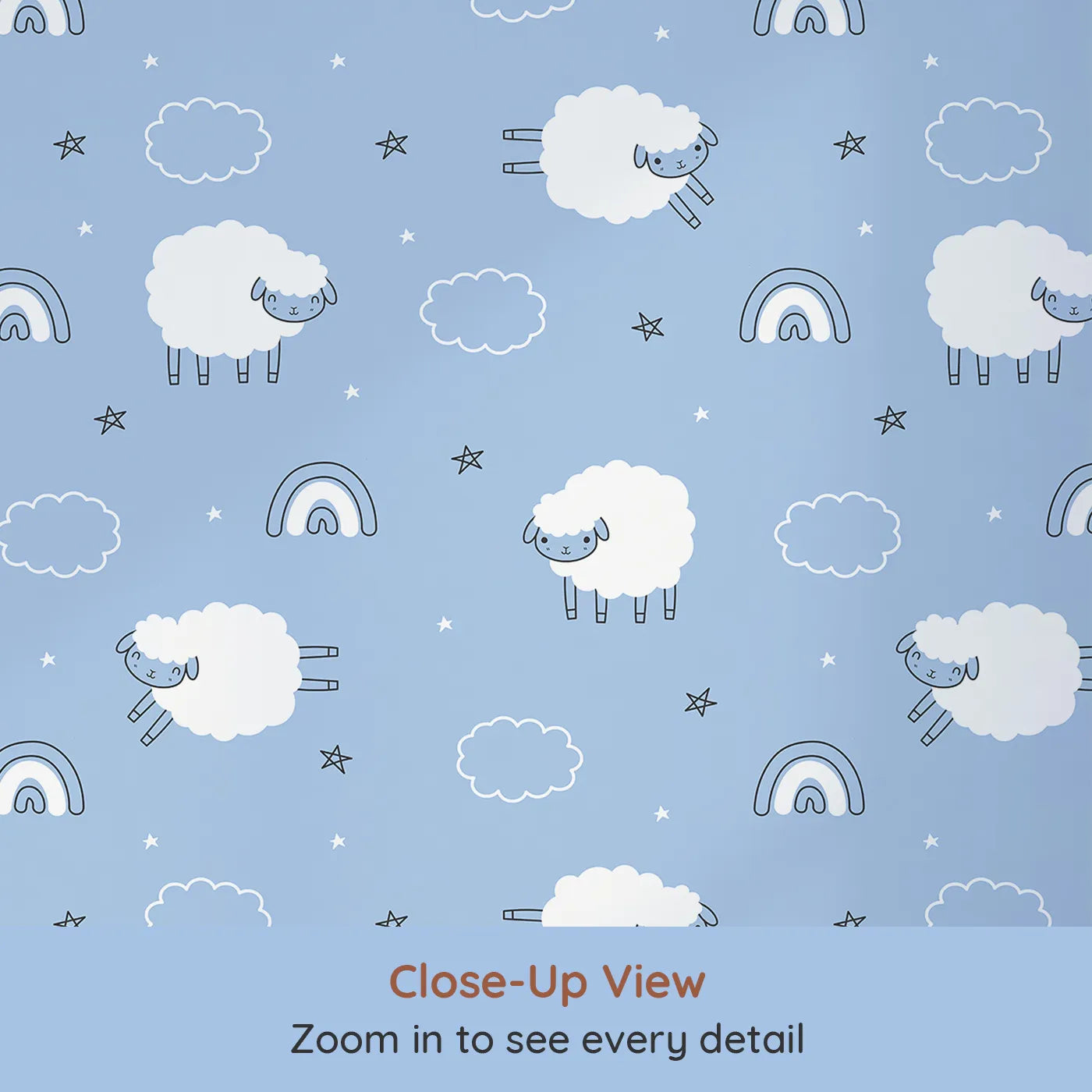 Close-up view of Whimsy Tots' Sleepy Meadow Parade Wallpaper in Sky Blue (W3453C).Bouncy lambs, fluffy clouds, and stars float across a calm blue sky.