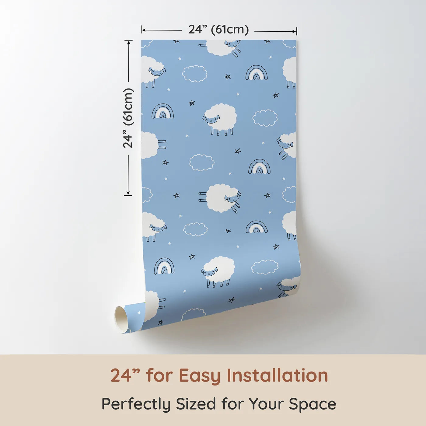 Dimension view of Whimsy Tots Sleepy Meadow Parade Wallpaper in Sky Blue (W3453C). Printed in 24-inch-wide panel for easy installation. Bouncy lambs, fluffy clouds, and stars float across a calm blue sky.