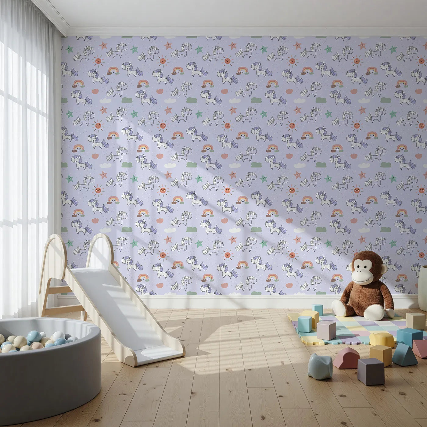 Front view of Whimsy Tots' Starry Pony Parade Wallpaper in Lilac Sky Lavender