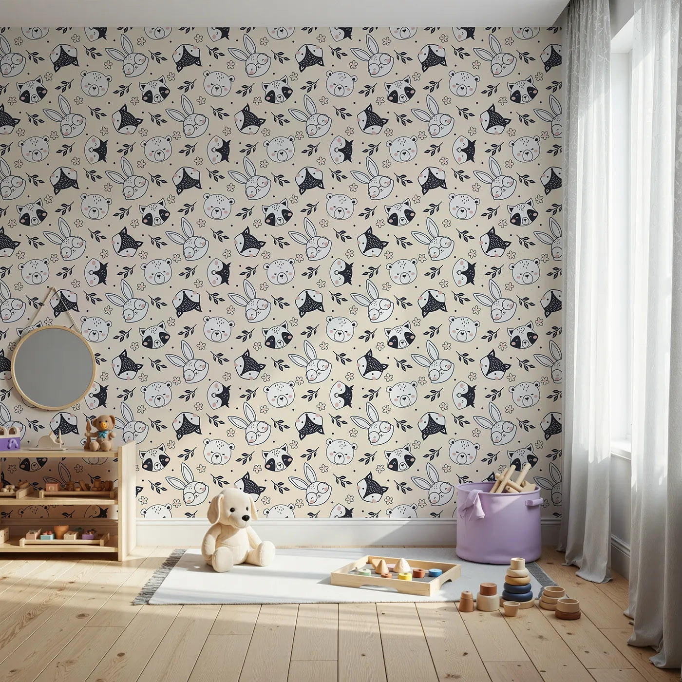 Front view of Whimsy Tots' Woodland Scribble Friends Wallpaper in Cream