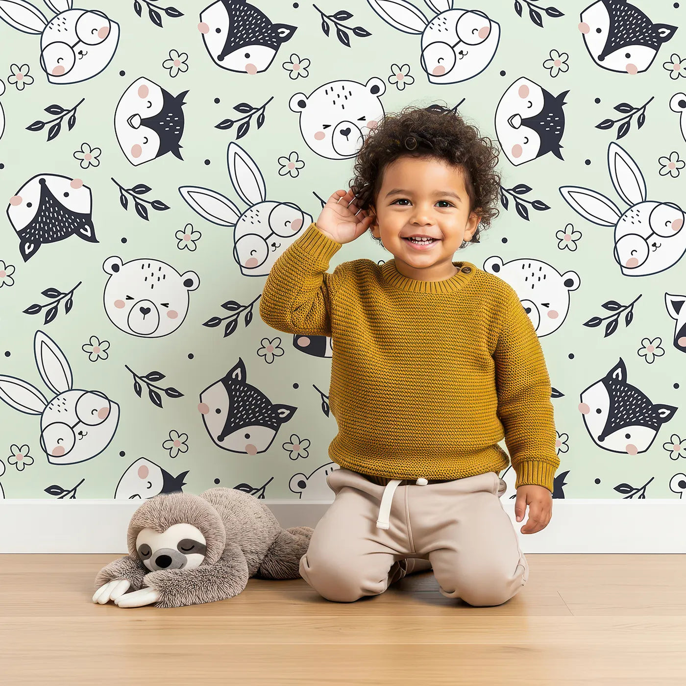 Lovely child standing in front of Whimsy Tots Woodland Scribble Friends Wallpaper in Mint Green with bear, bunny, fox, raccoon, flower, leaf in design.
