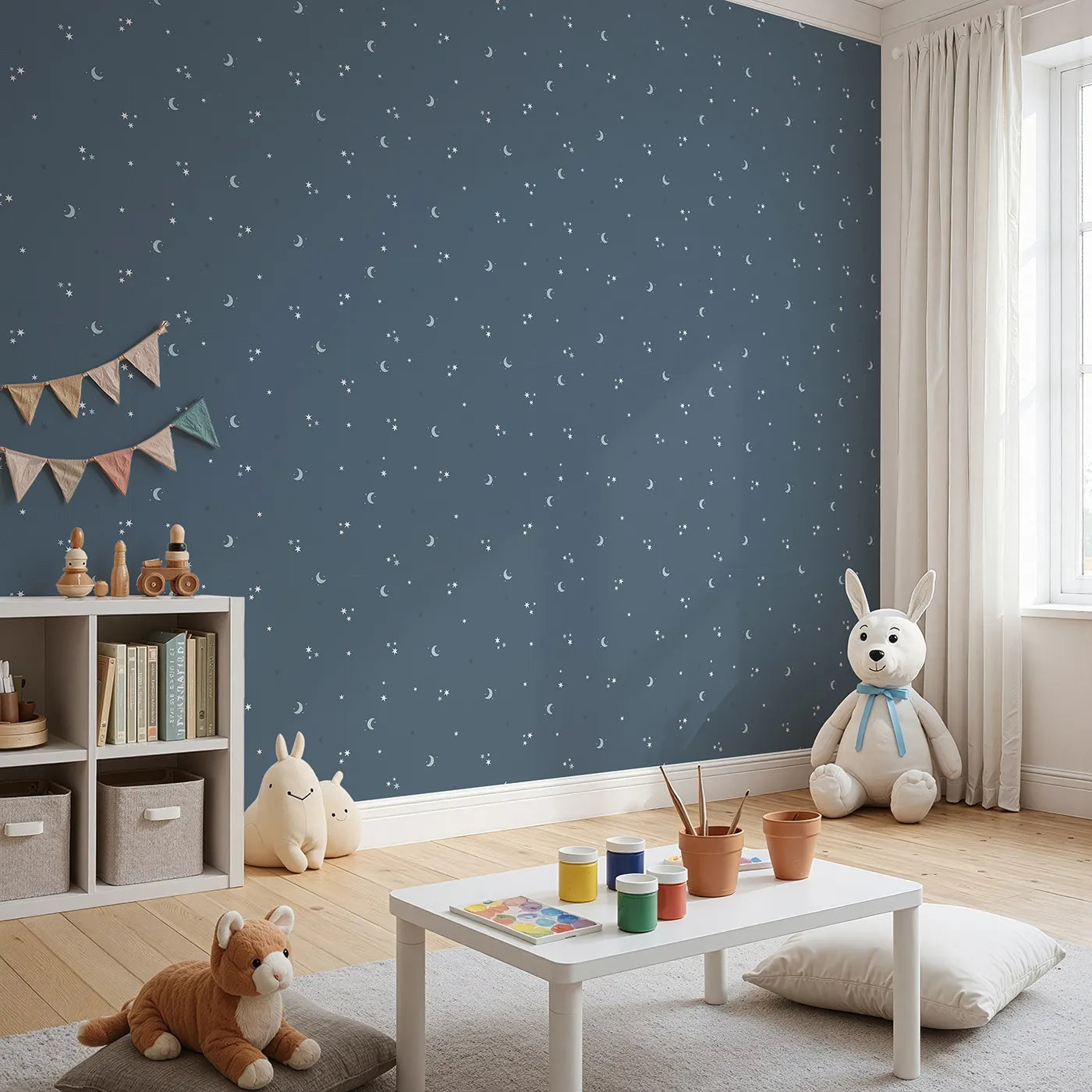 Angled view of Whimsy Tots' Starry Night Whispers Wallpaper in Navy (W3459).Moons and stars twinkle across a peaceful navy sky.