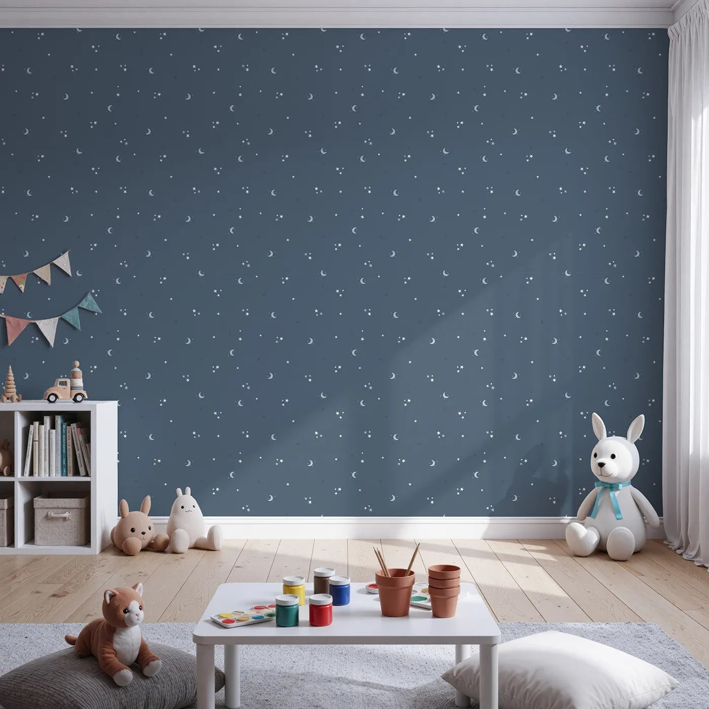 Front view of Whimsy Tots' Starry Night Whispers Wallpaper in Navy