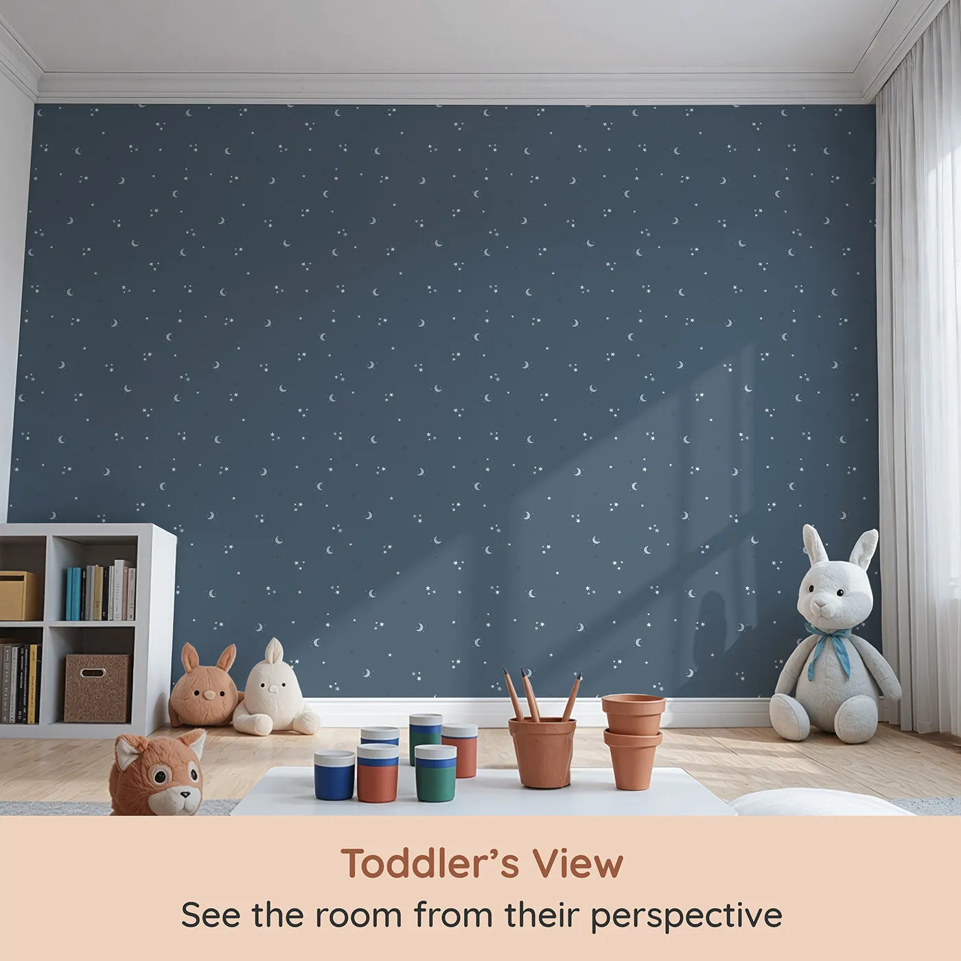 Whimsy Tots Starry Night Whispers Wallpaper in Navy (W3459) from your child's view.Moons and stars twinkle across a peaceful navy sky.