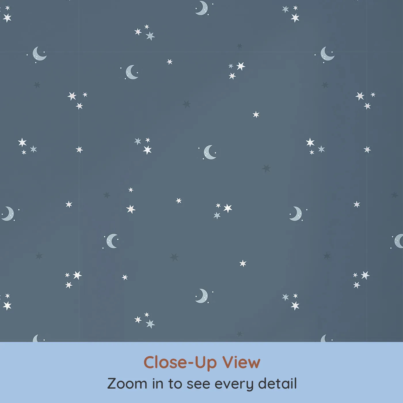 Close-up view of Whimsy Tots' Starry Night Whispers Wallpaper in Navy (W3459).Moons and stars twinkle across a peaceful navy sky.