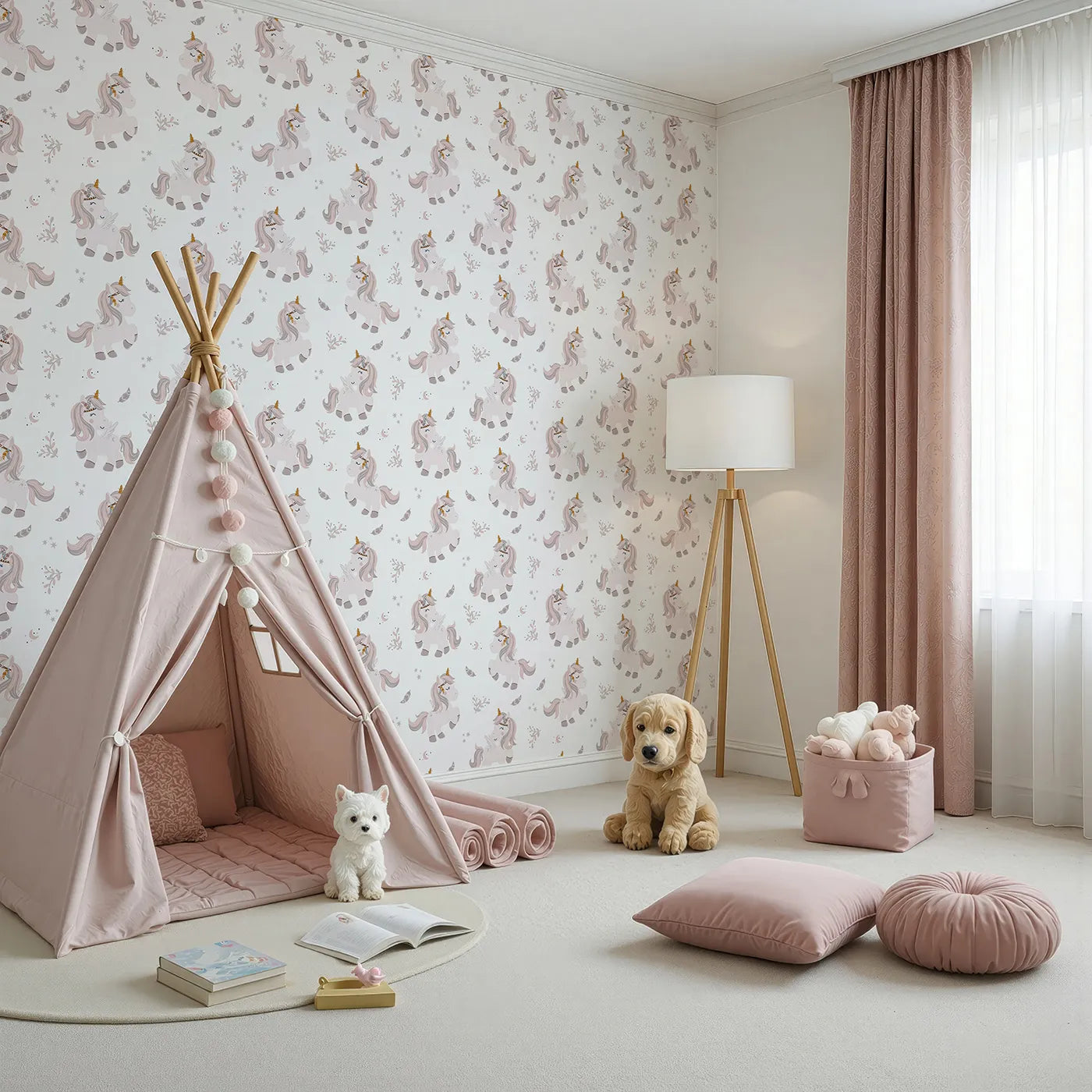 Angled view of Whimsy Tots' Feathered Daydream Unicorn Wallpaper in White (W3460A).Blushy unicorns and drifting feathers whisk little hearts into gentle dreams.