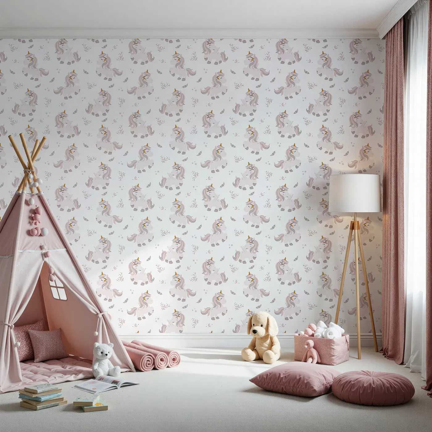Front view of Whimsy Tots' Feathered Daydream Unicorn Wallpaper in White