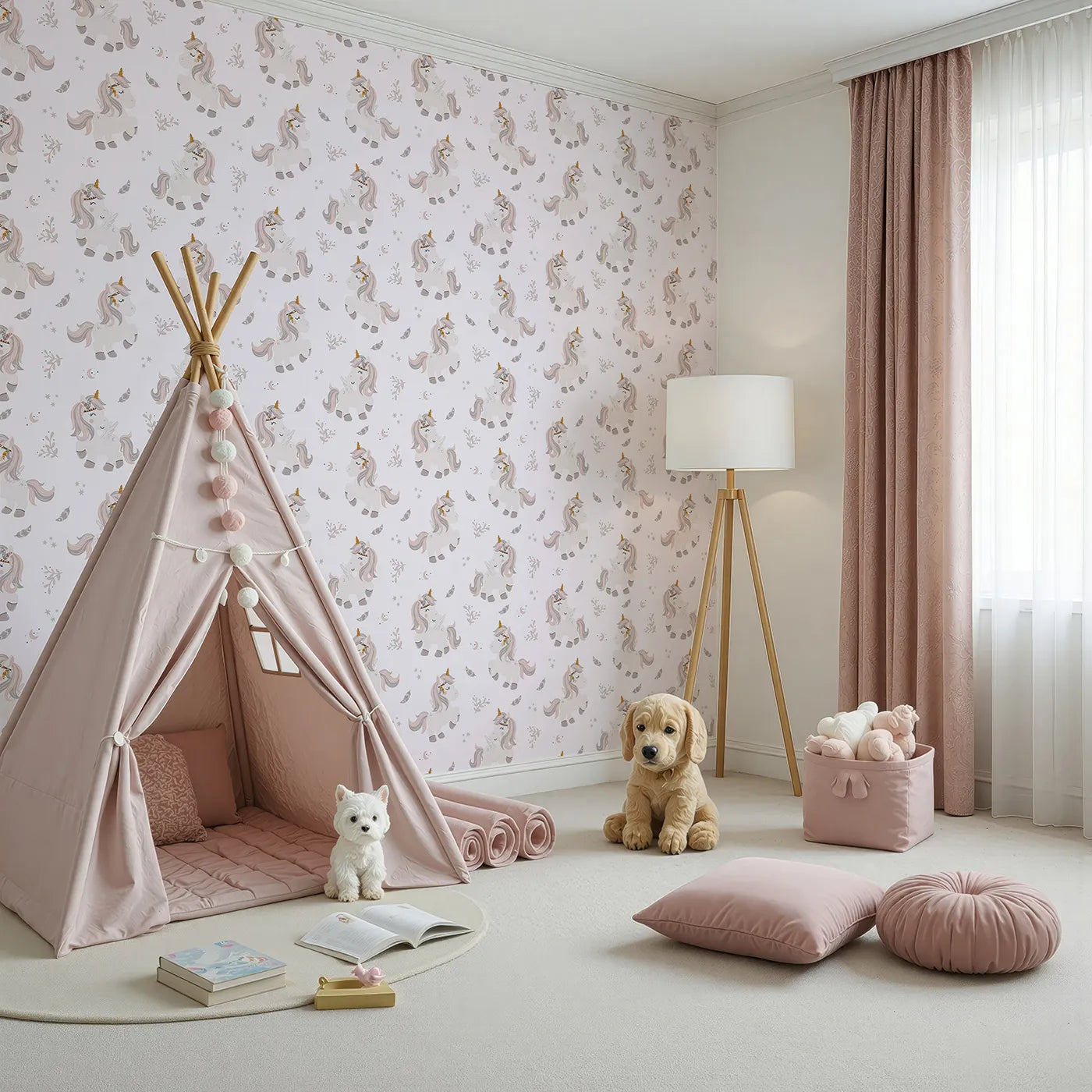 Angled view of Whimsy Tots' Feathered Daydream Unicorn Wallpaper in Blush Pink (W3460B).Blushy unicorns and drifting feathers whisk little hearts into gentle dreams.