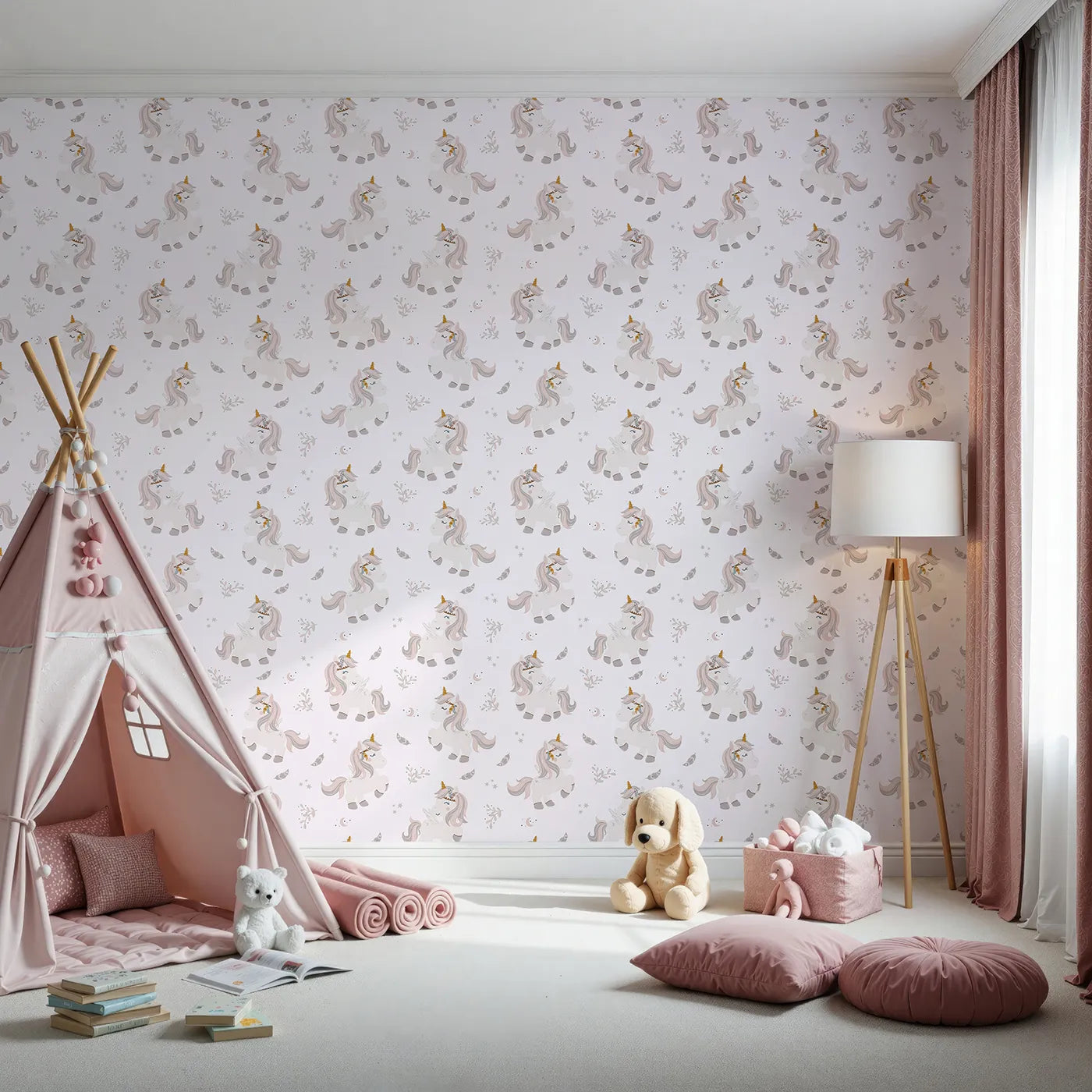 Front view of Whimsy Tots' Feathered Daydream Unicorn Wallpaper in Blush Pink