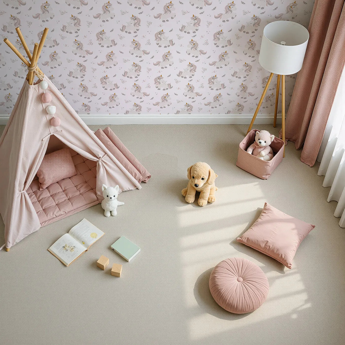 Top-Down view of Whimsy Tots' Feathered Daydream Unicorn Wallpaper in Blush Pink (W3460B).Blushy unicorns and drifting feathers whisk little hearts into gentle dreams.