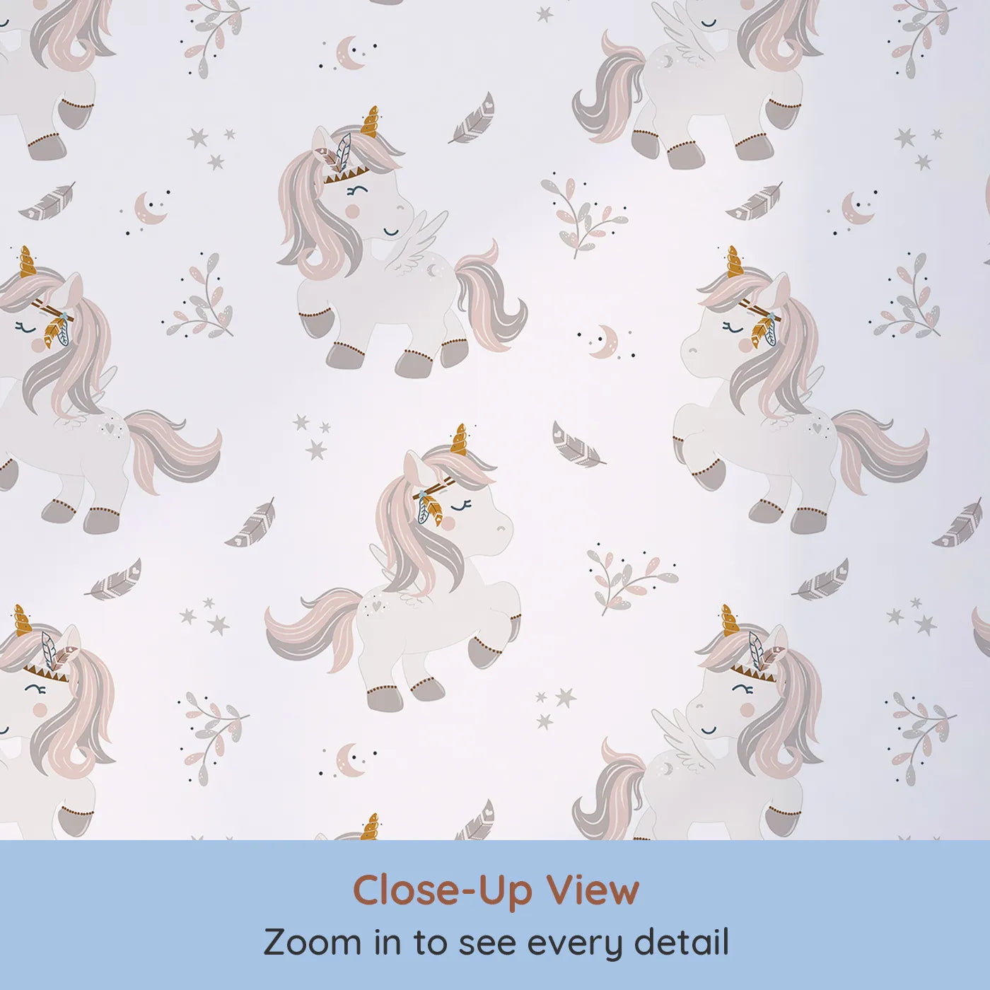 Close-up view of Whimsy Tots' Feathered Daydream Unicorn Wallpaper in Blush Pink (W3460B).Blushy unicorns and drifting feathers whisk little hearts into gentle dreams.