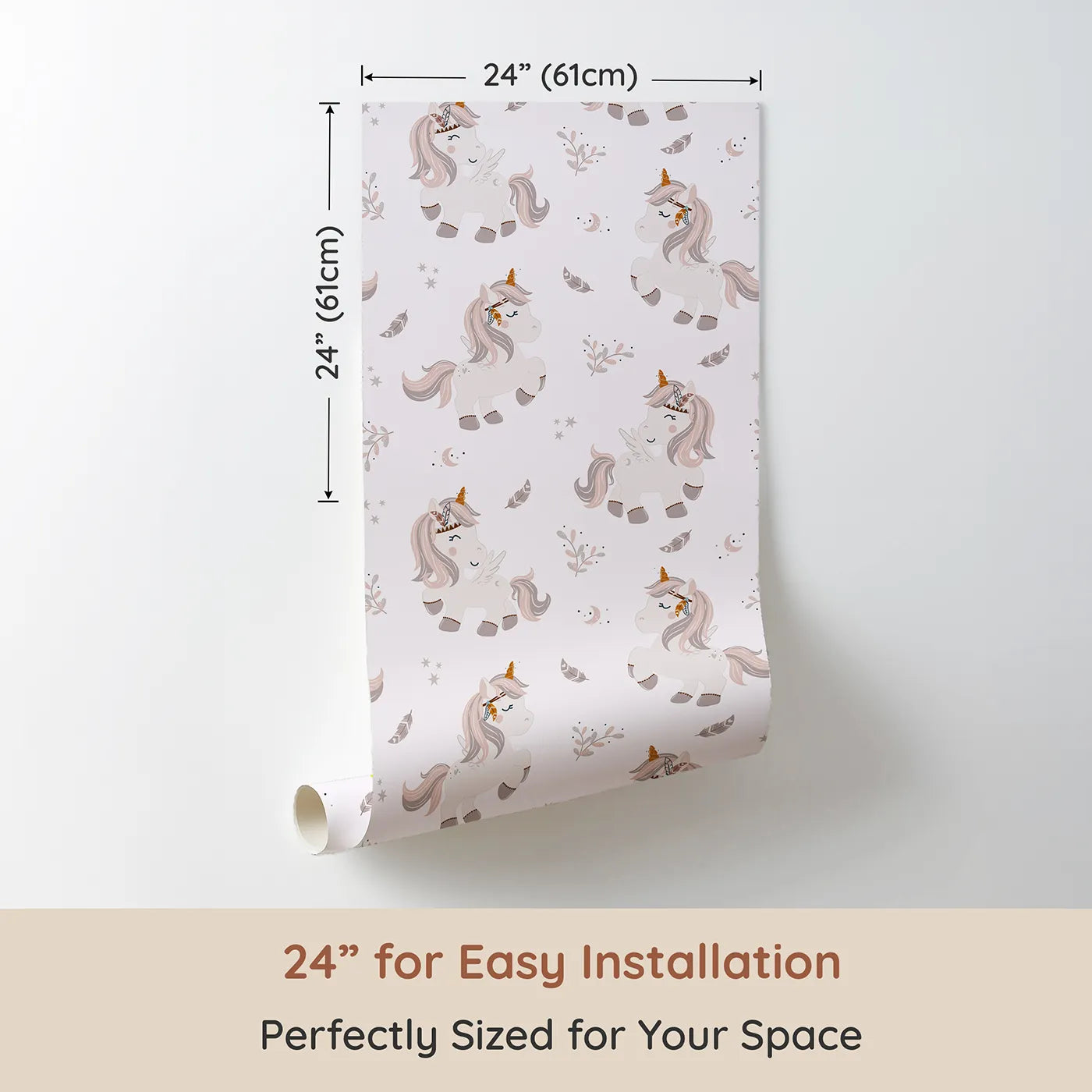 Dimension view of Whimsy Tots Feathered Daydream Unicorn Wallpaper in Blush Pink (W3460B). Printed in 24-inch-wide panel for easy installation. Blushy unicorns and drifting feathers whisk little hearts into gentle dreams.