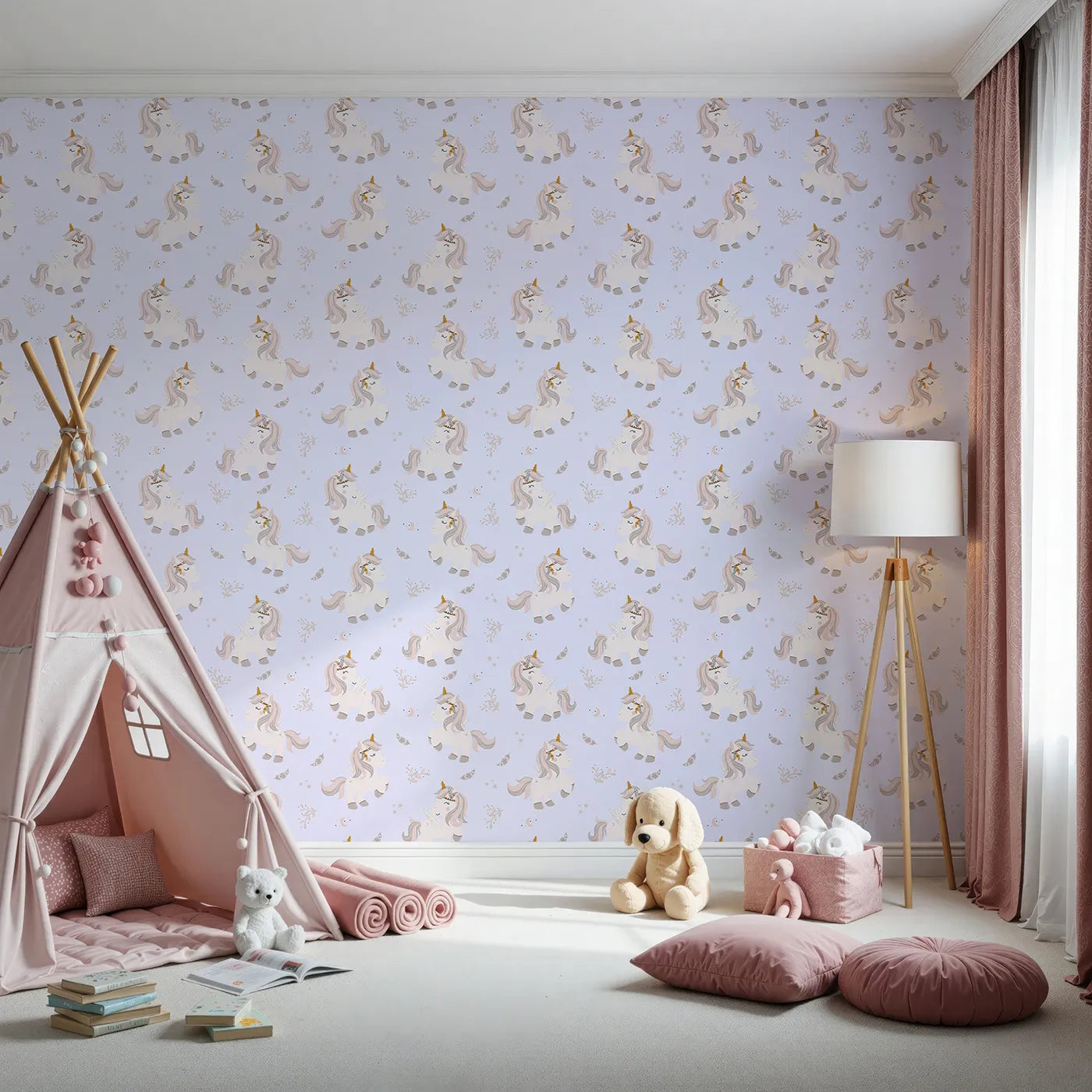 Front view of Whimsy Tots' Feathered Daydream Unicorn Wallpaper in Lavender Purple