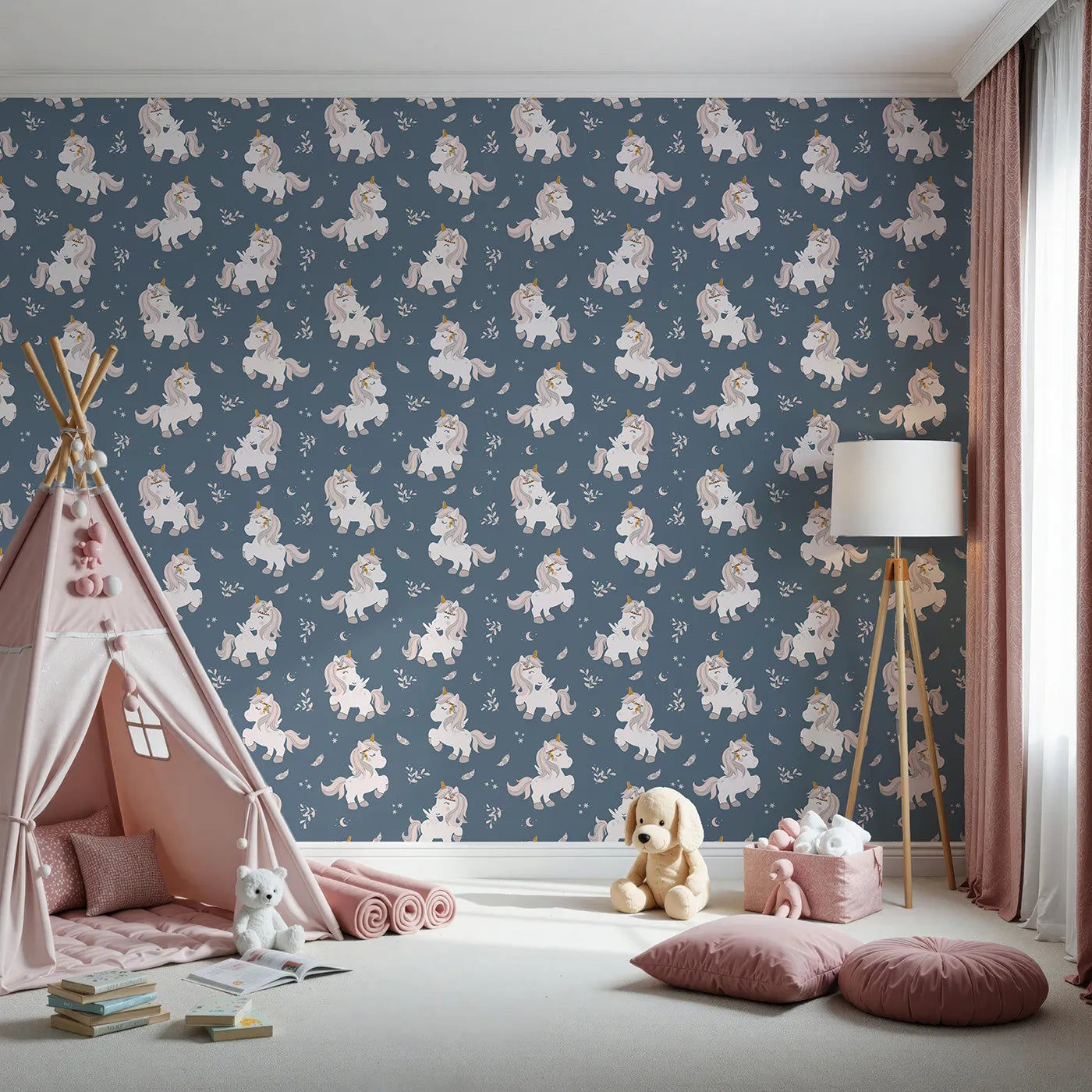 Front view of Whimsy Tots' Feathered Daydream Unicorn Wallpaper in Navy Blue