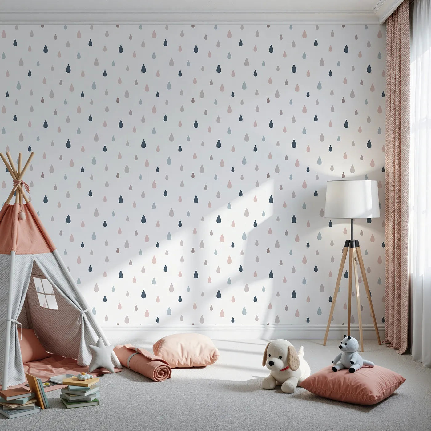 Front view of Whimsy Tots' Raindrop Rhythm Wallpaper in Soft Mix